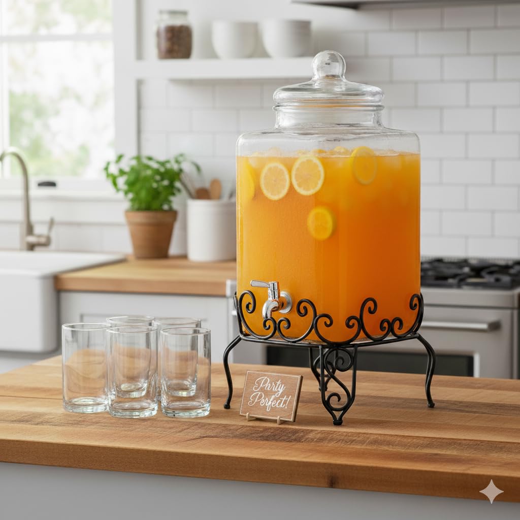 Extra Large 5 Gallon Glass Drink Dispenser with Stand and Stainless Steel Spigot – Event & Party Beverage Server for Water, Tea, Punch, and More