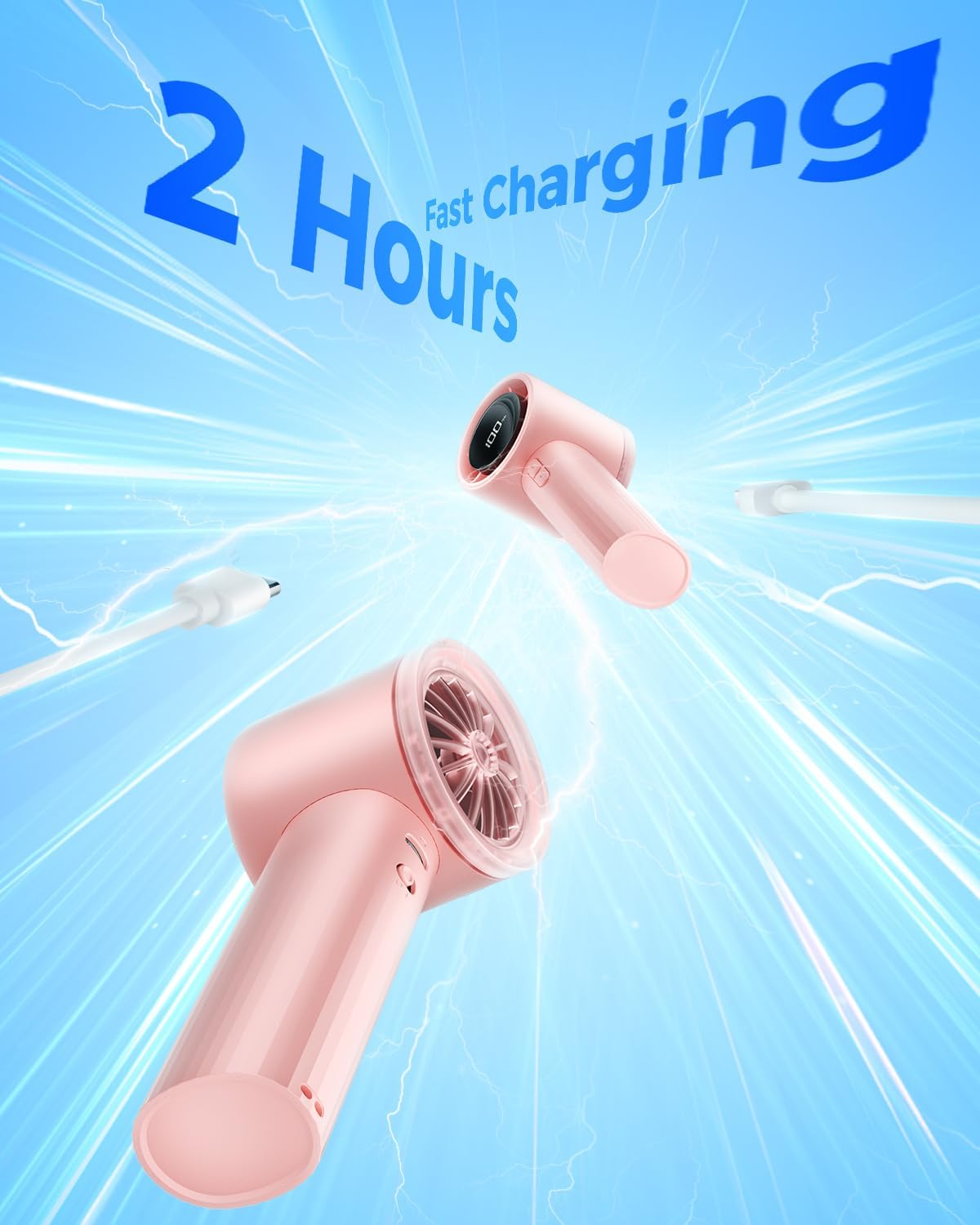 Sweetfull Portable Handheld Fan - Rechargeable Mini Turbo Fan with Flashlight & Digital Display | Pink