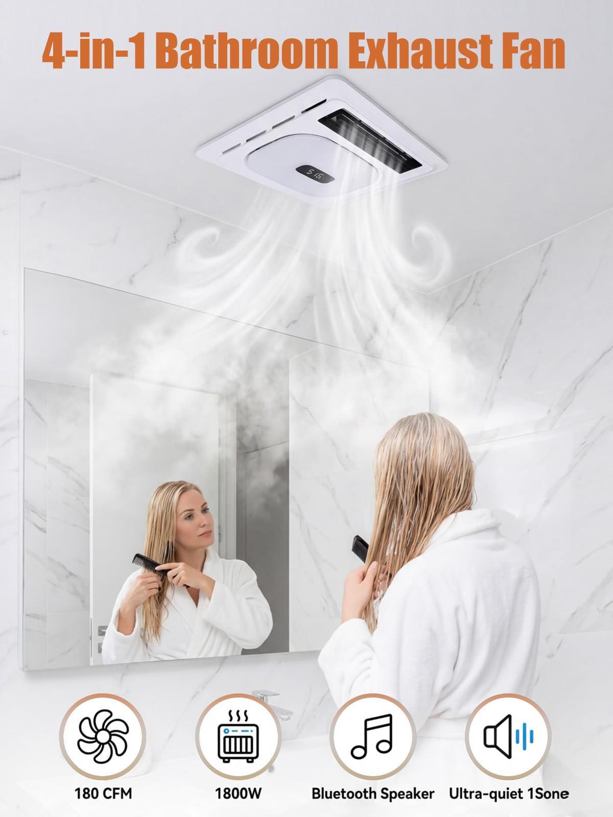 4 In 1 Bathroom Exhaust Fan with Light & Heater 1800W, 180 CFM Ventilation 1.0 Sone Bathroom Exhaust Fan with Bluetooth Speaker, 2 Heat Levels, 4 RGB Modes, Remote Control, Ceiling Mount for Bathroom