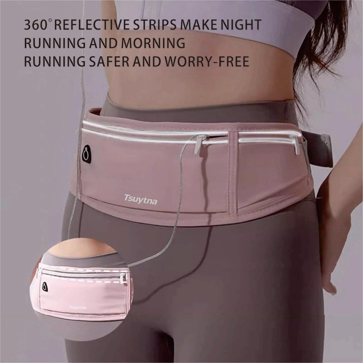 TSUYTNA Running Belt for Women & Men - Slim Phone running belt with Water-Resistant Phone Holder, 3 pockets Adjustable Waist Strap, Reflective Safety Design for Running, Hiking, Travel，Fitness (Pink)