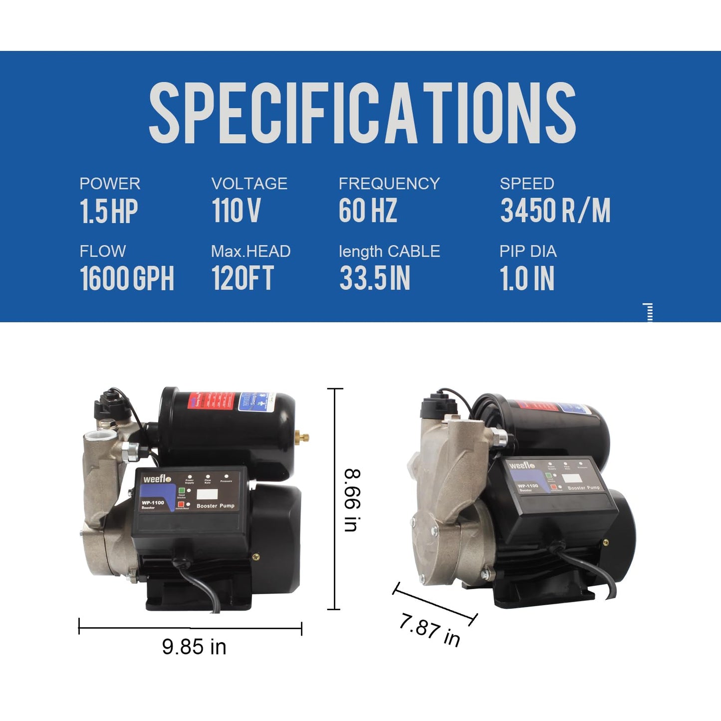 Weeflos 1.5HP Automatic Booster Pump, 1600 GPH Water Pump, 120ft Max Head, Mechanical Pressure Switch, Self-Priming Utility Pump for Shower, Irrigation, Basement, Garden, Pool (1.5HP/120FT)