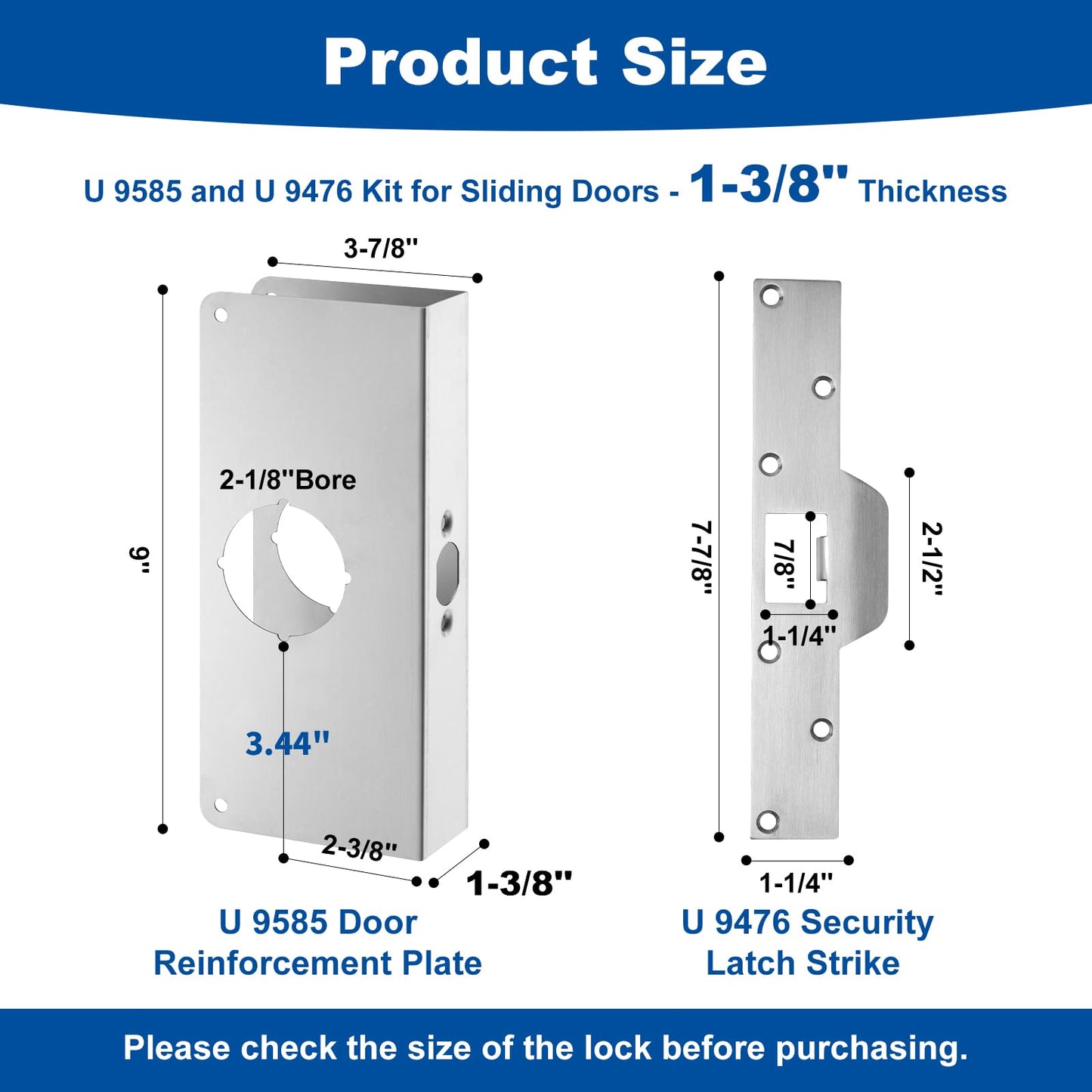 U 9585 Stainless Steel Lock and Door Reinforcement Plate fits 1-3/8" Thick Doors and Includes the U 9476 Security Latch Strike (1-1/4"x 7-7/8")