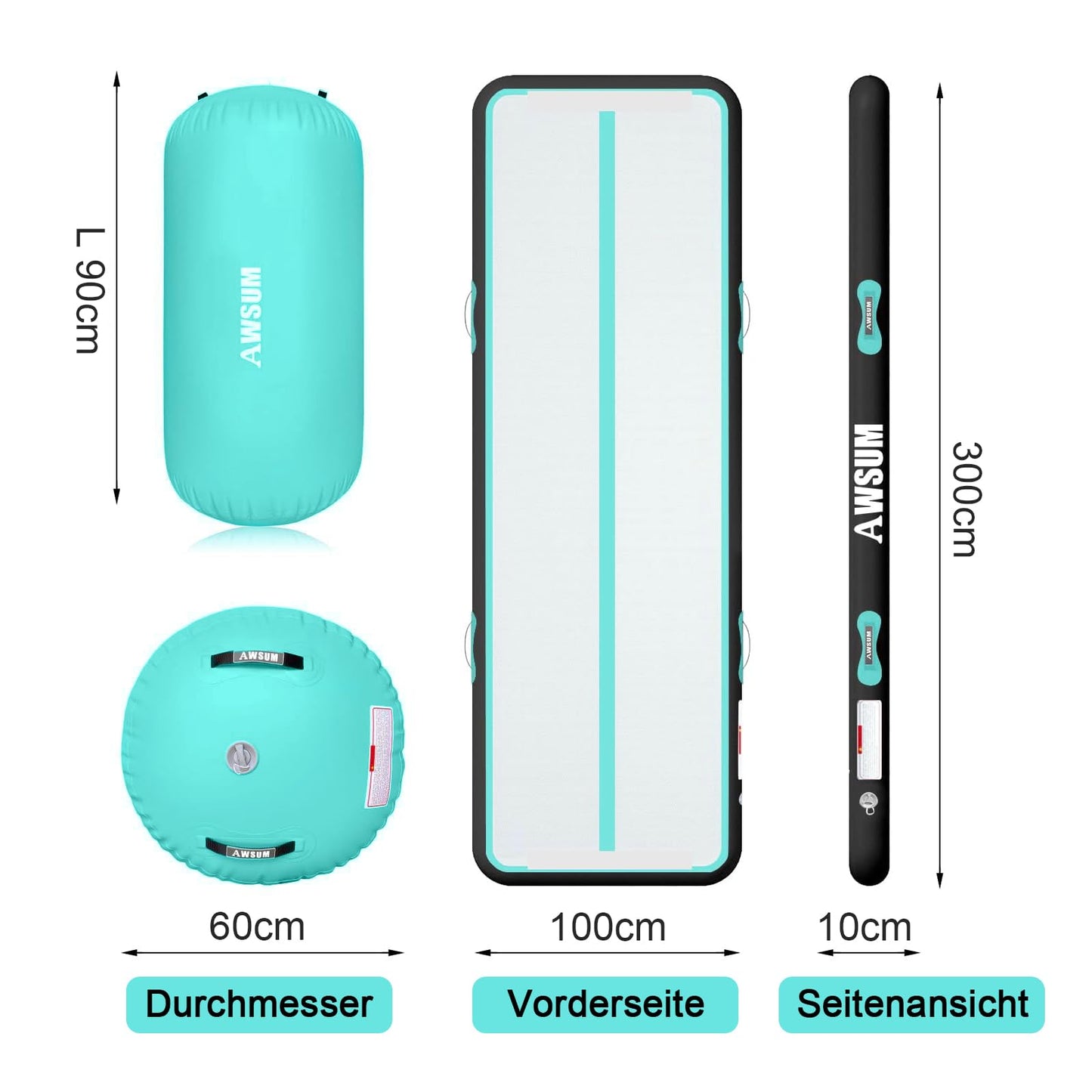 AWSUM 10ft Gymnastics Mat with Air Roller Tumbling Barrel Back Somersault Backbend Trainer for Inflatable Gymnastics Springboard Back Handspring Equipment, with Electric Pump