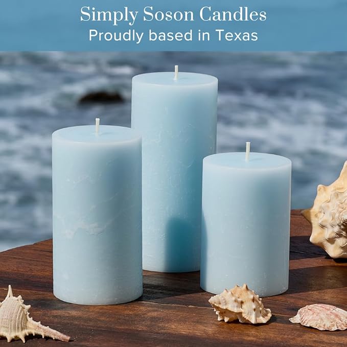 Simply Soson 3x6 inch Light Blue Pillar Candles Set of 3, Rustic Texture, Unscented Candles, Dripless Candles, 3 inch Pillar Candles Ideal as Wedding, Parties, Spas, Dinner, Home Decoration, Church