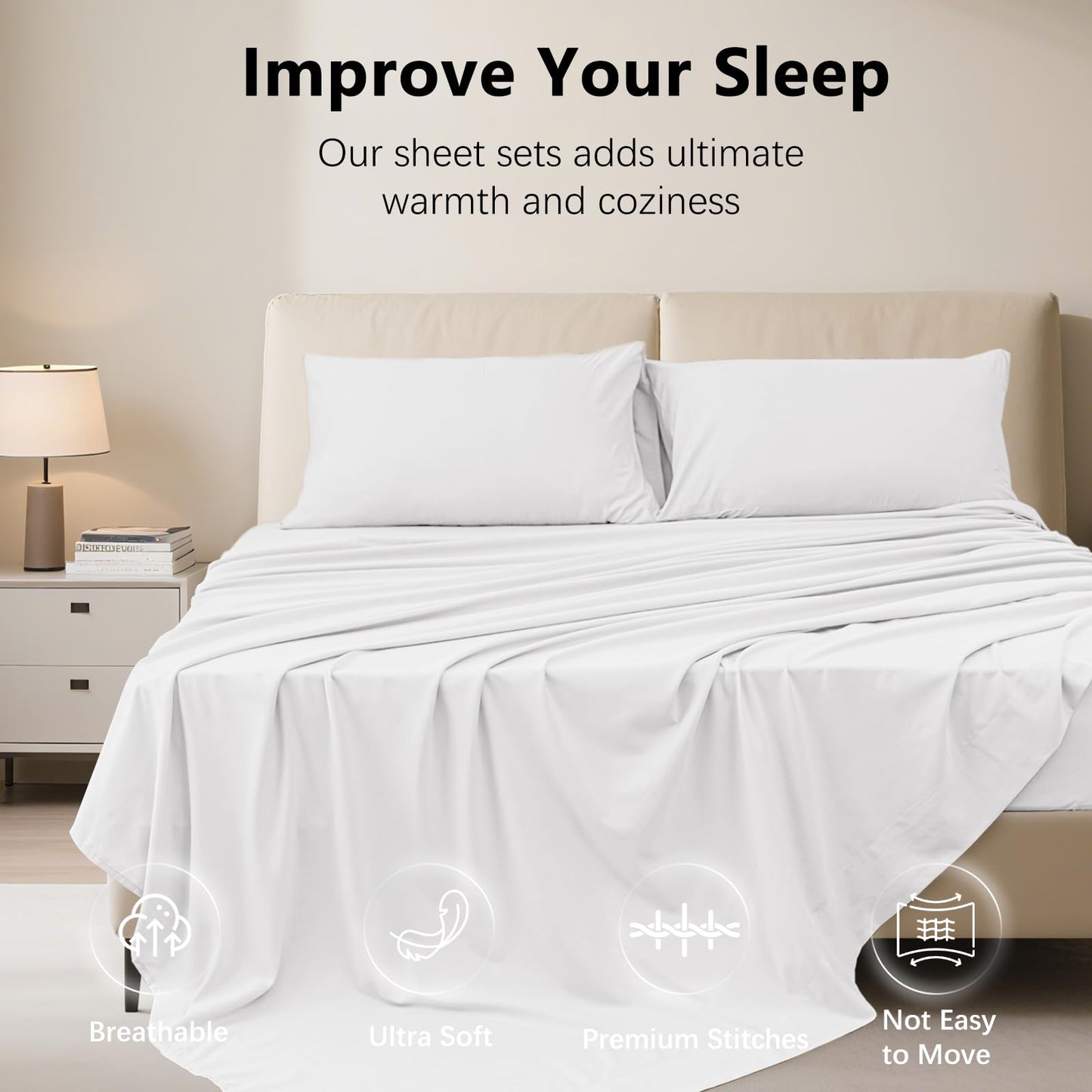 USXIBEI Queen Size 4 Piece Sheet Set - Hotel Luxury Bedding for Queen Size Bed - Soft and Breathable Bed Sheets Set - Deep Pocket Sheets,Wrinkle & Fade Resistant(Queen, White)
