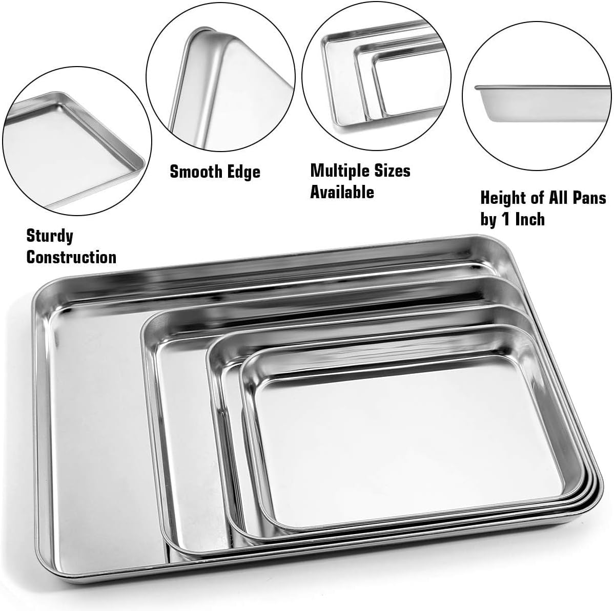 Yododo Stainless Steel Baking Sheet Set - Non-Toxic & Easy Clean | 4-Piece Cookie Tray Set (16", 12", 10", 9")