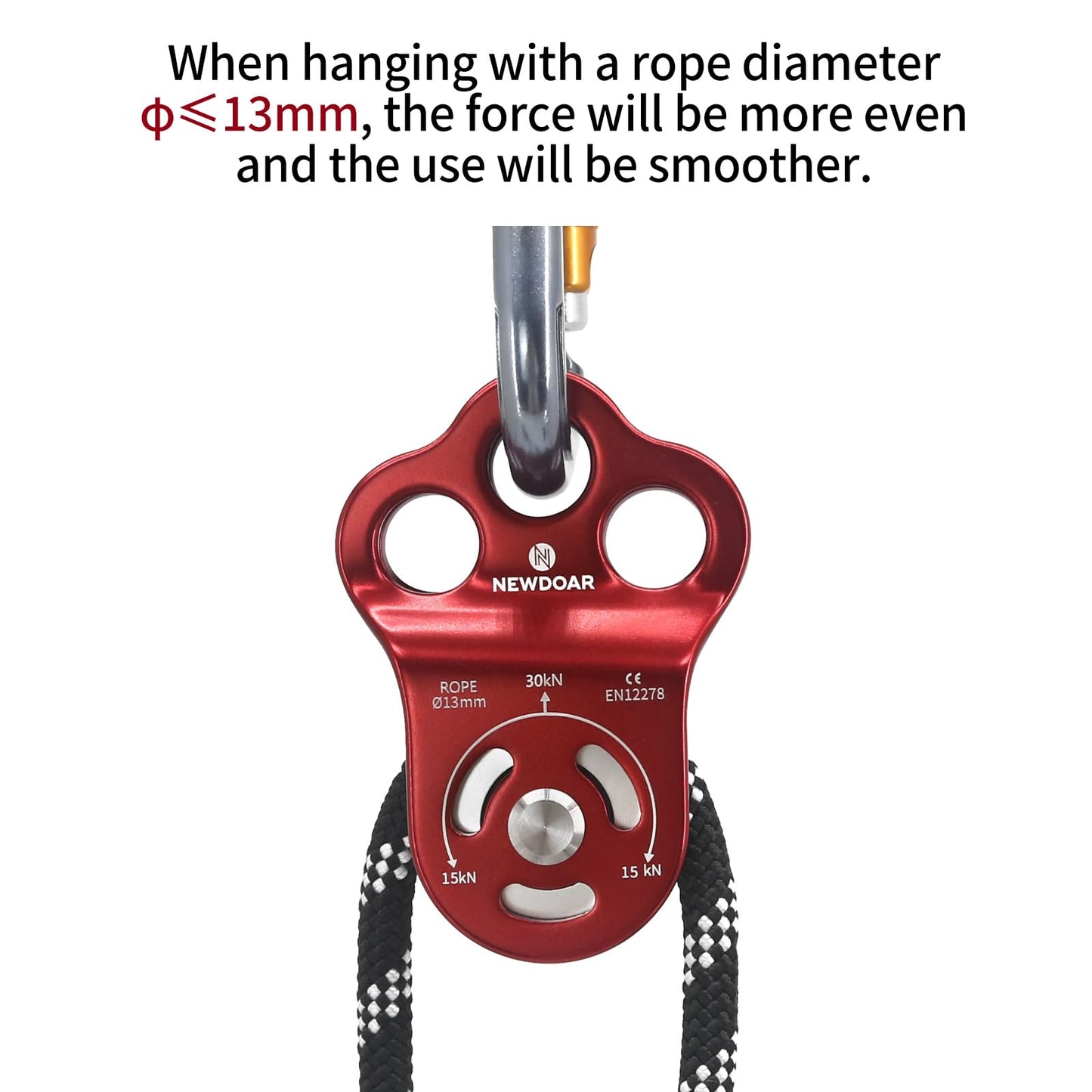 NewDoar 30 KN CE Certified Three Holes Rescue Climbing Pulley,for Max Rope 13mm Rope Hauling with Bearing Rappelling, Zipline,Durability Side Plates