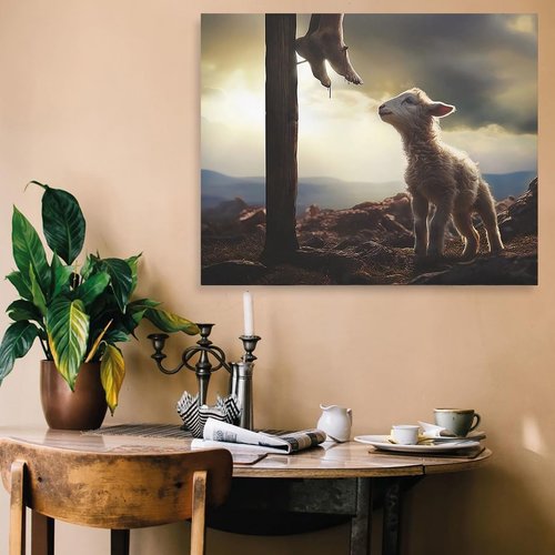Jesus and Lamb Canvas Wall Art - The Sacrifice of Jesus | Religious Christian Home Decor 8x10 Inch