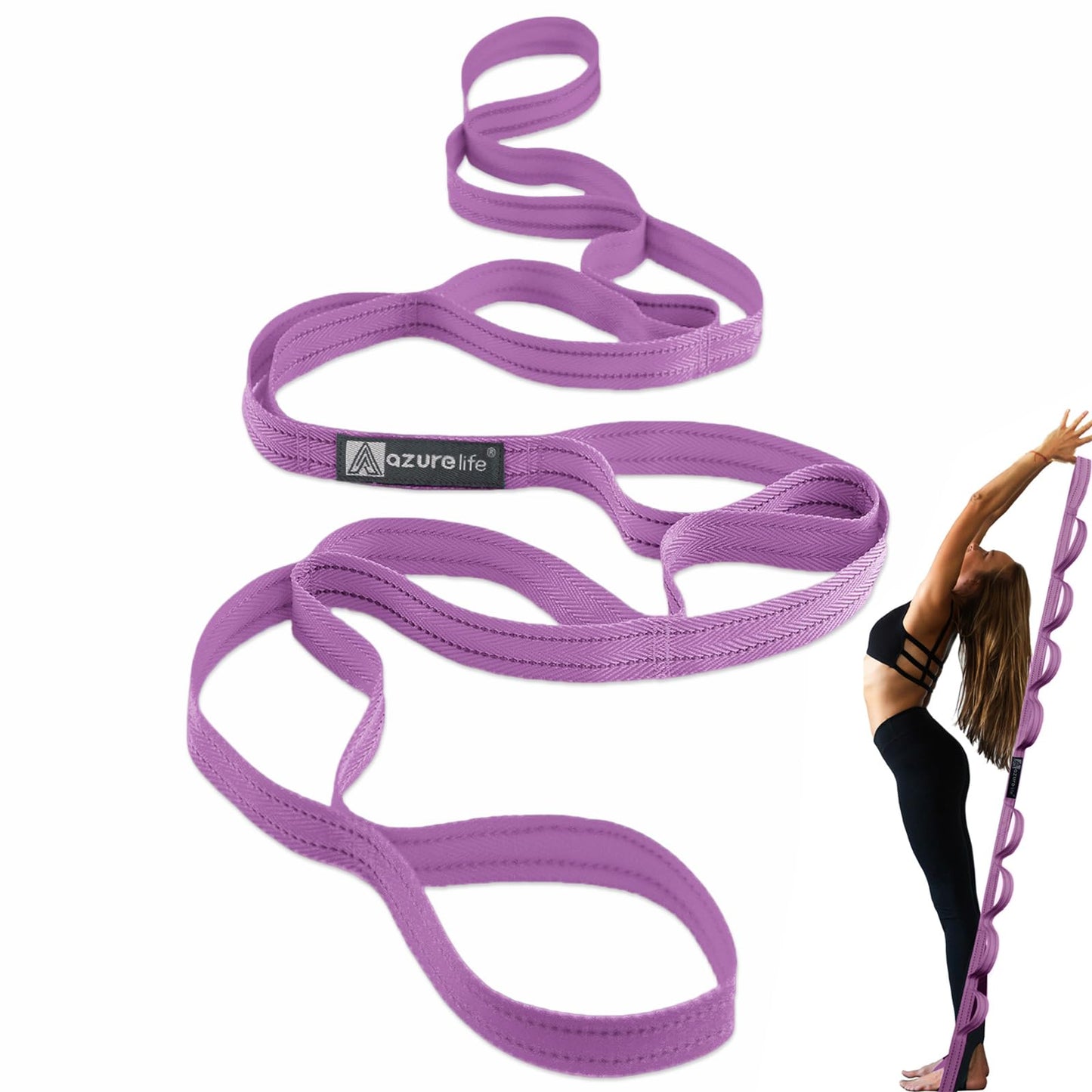 A AZURELIFE Premium Durable Cotton Stretch Strap with 10or12 Loops,, Non-Elastic Yoga Strap for Stretching, Multi-Loop Fitness Stretch Band for Physical Therapy, Yoga, Pilates&Dance (Purple - 12