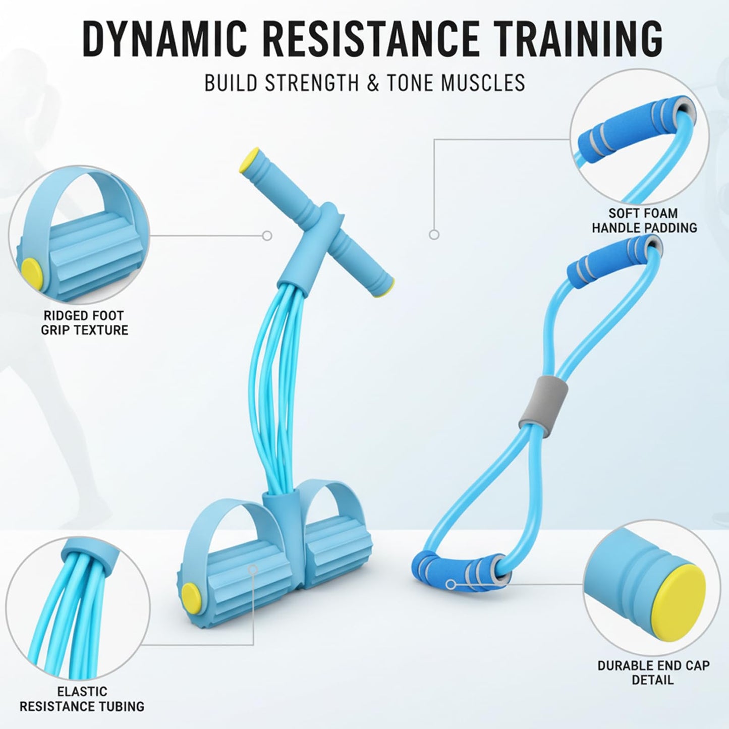 Pedal Resistance Band with Handle, Blue 8 Tube Multifunction Fitness Bands for Full Body Workout, Abdominal, Leg, Arm, Back Slimming Training