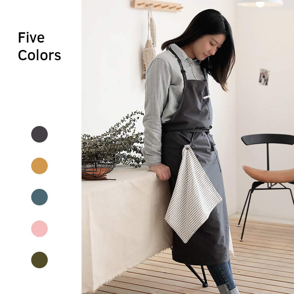 AOBBYBBS Adjustable Japan Nordic Style Soft Cotton Linen Apron with Four Pockets A Towel (Dark gray)
