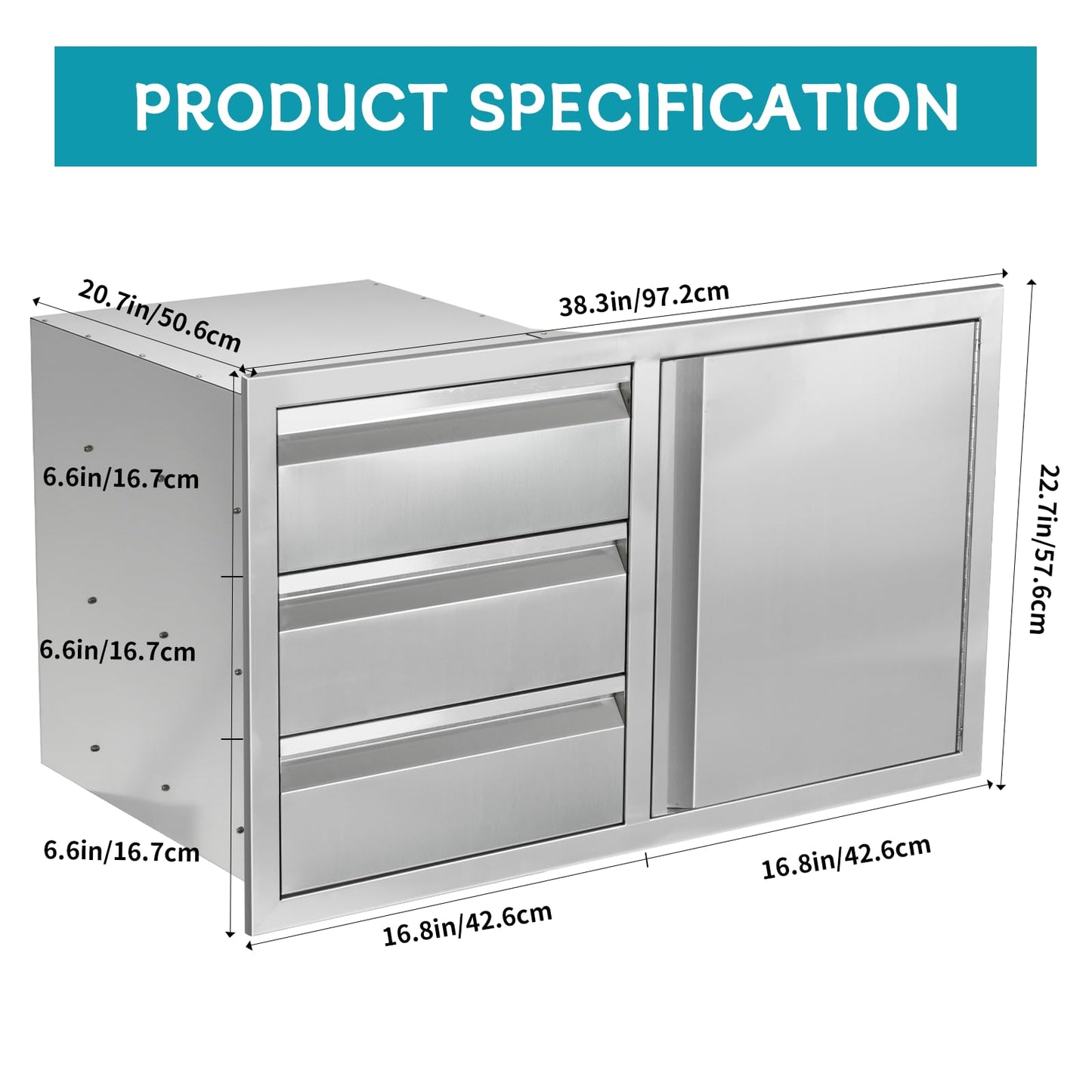 FORJAMINT Outdoor Kitchen Door Drawer Combo Cabinet,38.1W x 22.6H x 20.8D Stainless Steel with Handles,Triple Drawers & BBQ Access Combo for Outdoor Kitchen Island (Drawer and Right Door Combo)