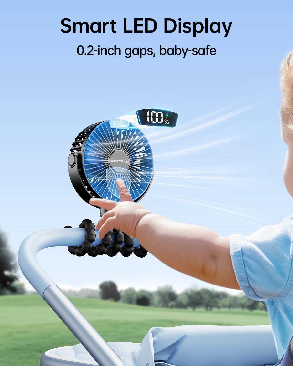 Sweetfull Portable Stroller Fan - 4-Speed Rechargeable Mini Clip-On Fan with LED Display | 360° Rotation, Black