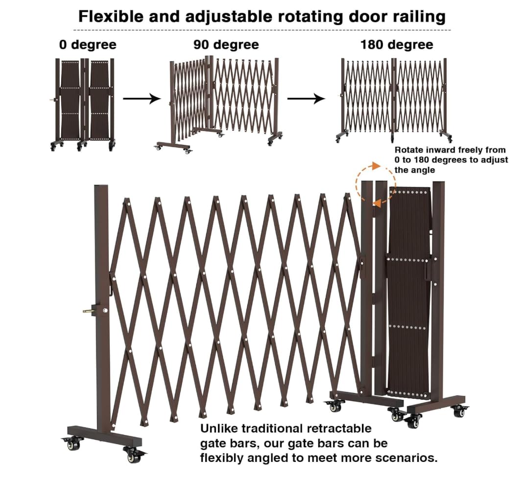 TSAYAWA 213” Wide Expandable Retractable Driveway Gate for Outdoor, Metal Fence Barrier with Lockable Foot Casters, 0-180° Rotatable Two-Segment Yard Garden Gate for Dog Security (213W×39.76H, Grey)