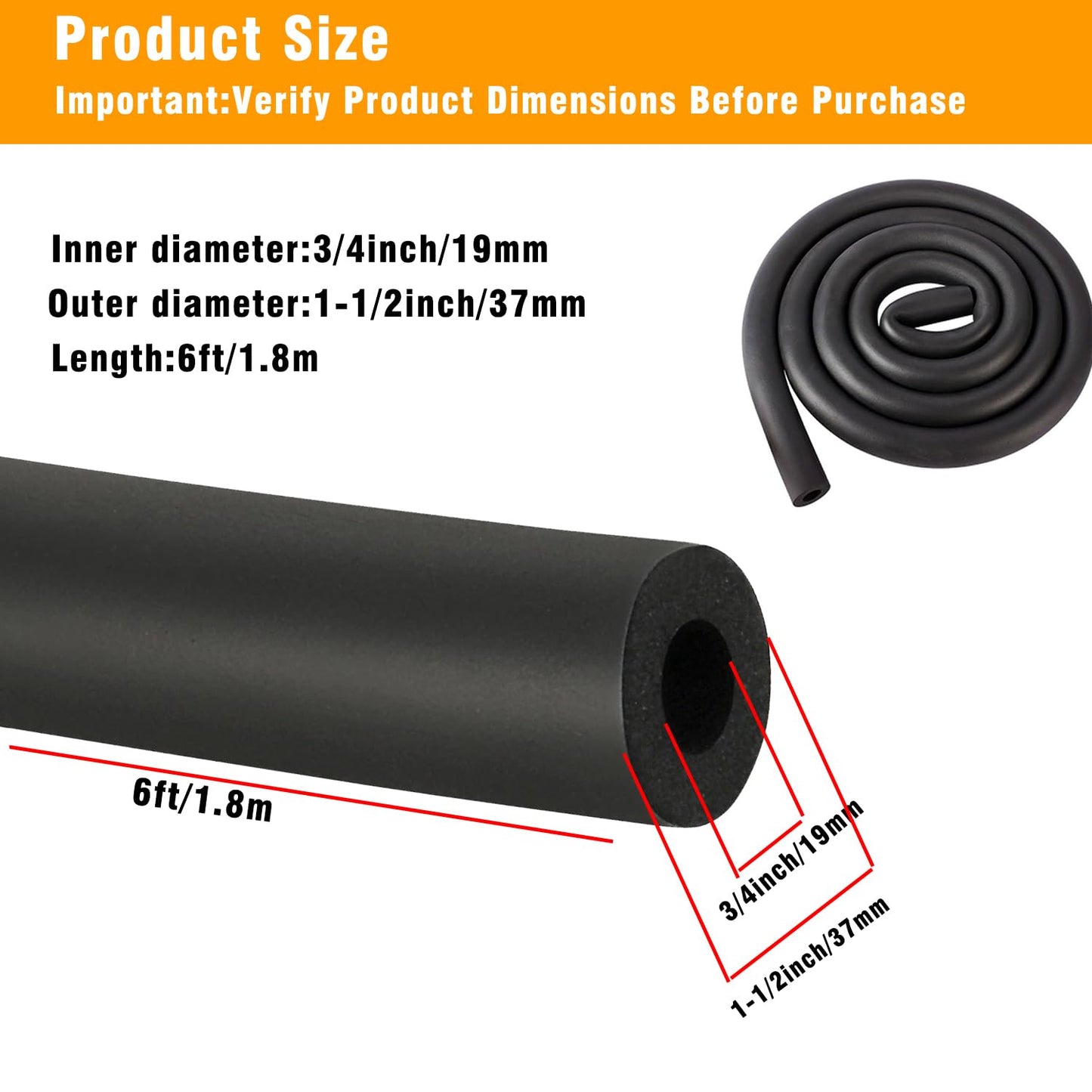 Pipe Insulation Foam Tube - Foam Tubing for AC Unit, Guitar Stands, Exercise Machine Handle and Roof Rack-19*9MM(3/4" ID X 3/8" TK-6Ft)