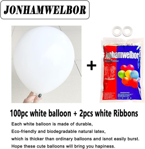 Jonhamwelbor White Balloons - 12-Inch Matte White Latex Helium Balloons | 100 Pack for Weddings & Parties