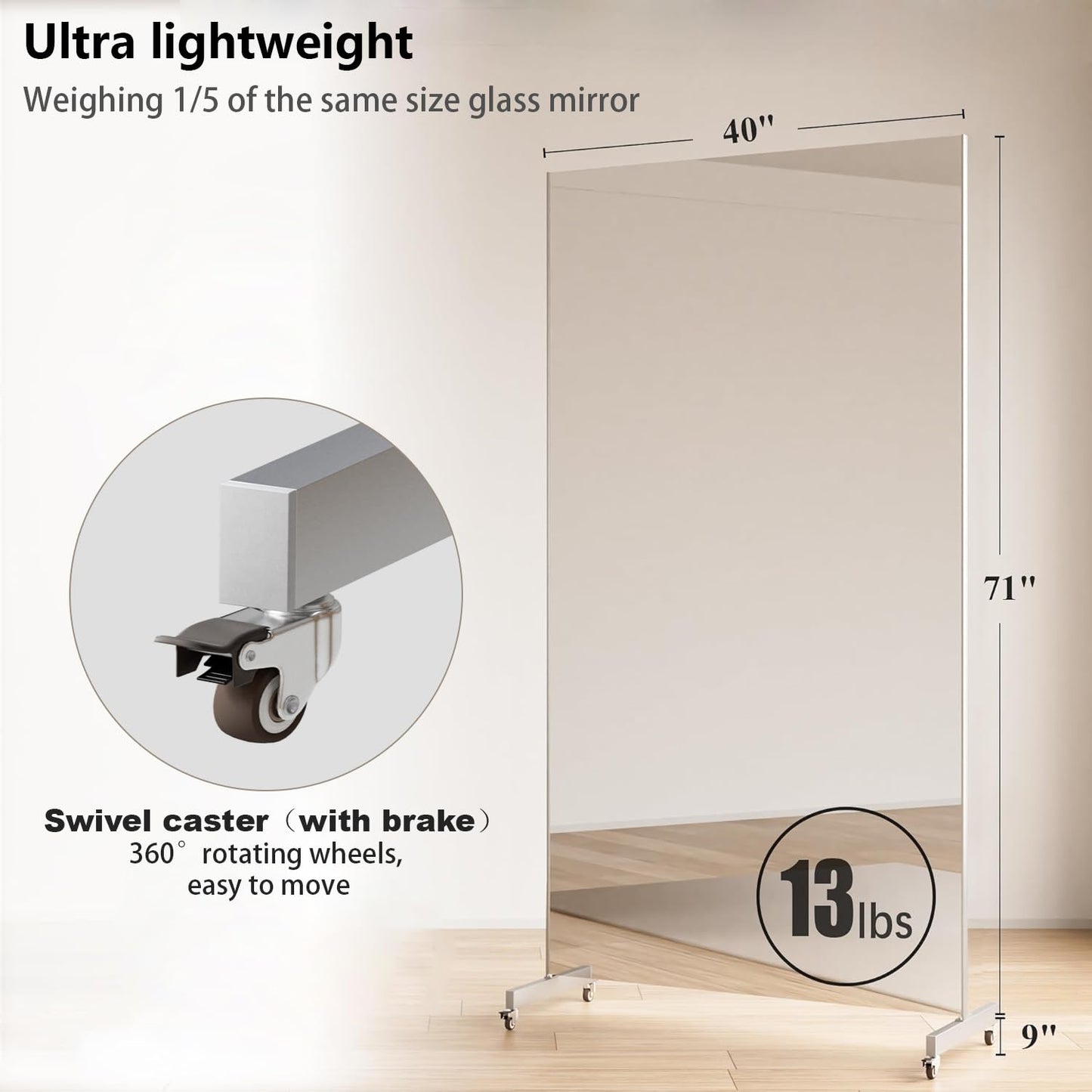 HDmuxel Full Length Mirror with Wheels, 71 "x 40", Black, Nano Film Surface Without Glass, shatterproof, Safe, Lightweight, only 13lbs Easy to Move and Install, for Home Gym, Dance & Yoga Studios.