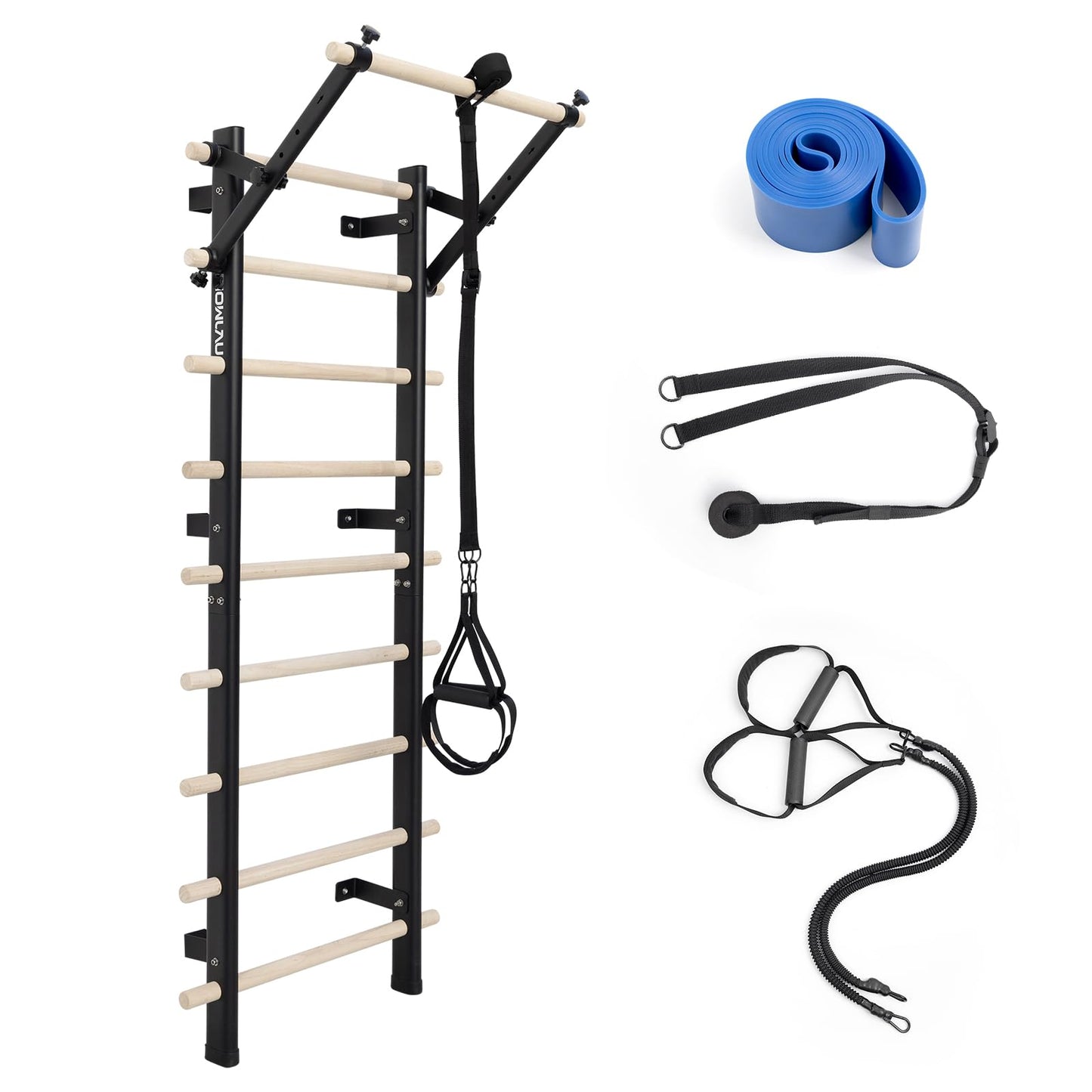 Swedish Ladder, Wood Stall Bar with Suspension Trainer Straps, Pull-Up Dip Bar Attachment, Strategic Rods, for Home, School, hysical Therapy and Gymnastics, Upgrade Installation