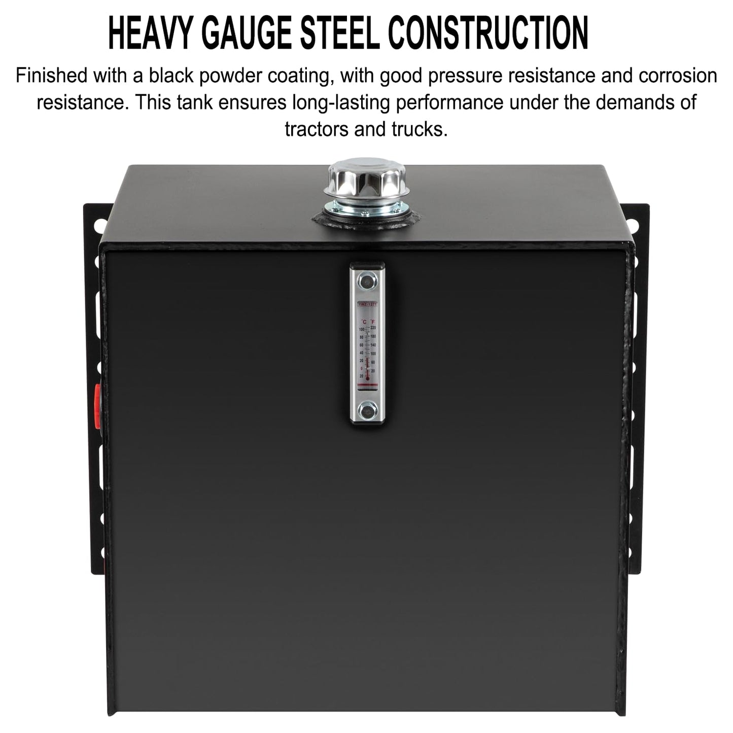 25-Gallon Hydraulic Fluid Reservoir Oil Tank For Tractors, Trucks & Log Splitters, Built-in Sight Gauge/Temp Gauge Combo, 2" Wide Fill Port, Heavy Duty Steel Construction, Side Vertical-Mount