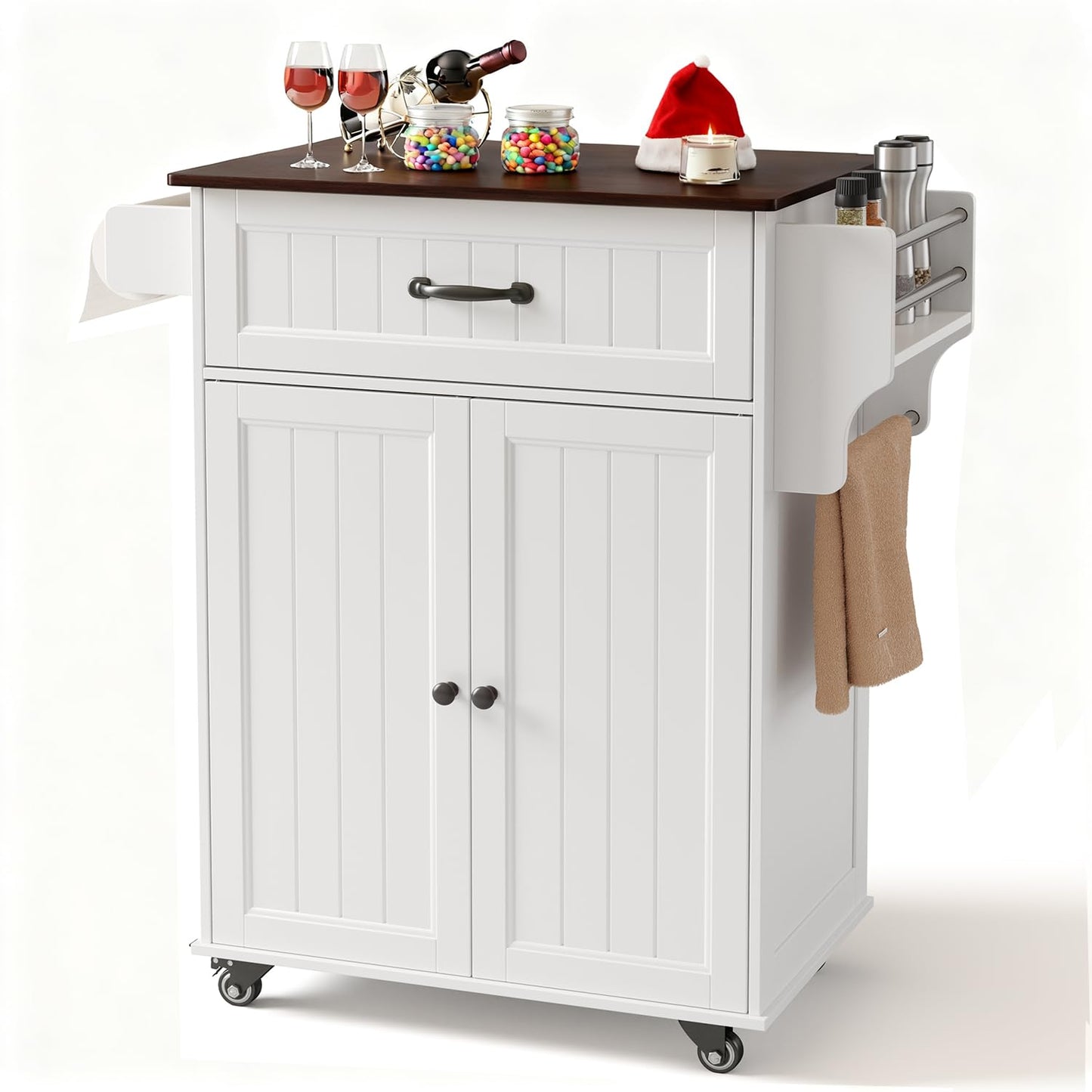 Gizoon Kitchen Island Cart with Adjustable Shelf, 33" W White Mobile Trolley Cart on Metal Wheels with Drawer & Storage Cabinet, Spice Rack & Towel Rack, for Dining Room, Bar, Retro Wooden Countertop