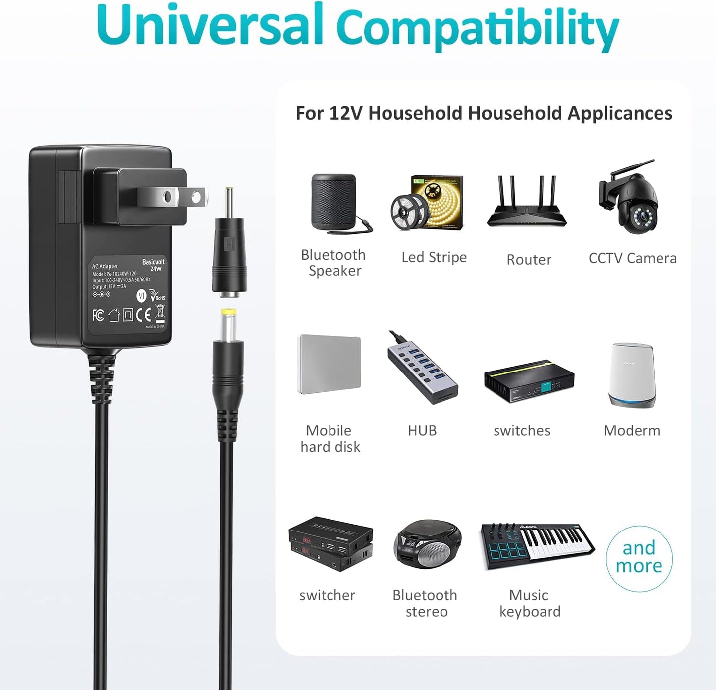 Basicvolt 12V 2A 12 2 1.5A 1A 500ma 300ma Universal AC Adapter DC Power Supply Center Positive Volt Amp Charger Power
