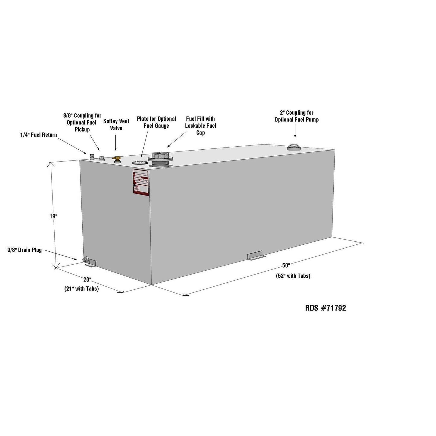 RDS MFG INC 71792 Rectangular Transfer Fuel Tank - 80 Gallon Capacity, 50" L x 20" W x 19" H, Silver Mill Finish Aluminum