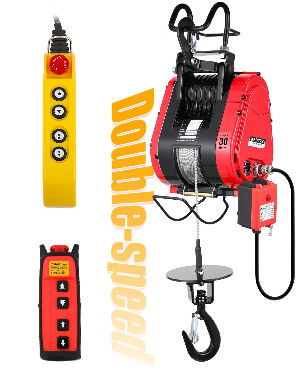 NEWTRY 2-Speed Fast Electric Hoist, 770lb Capacity with 95ft Lifting Height, 1500W Brushless Motor, Wired & Wireless Remote Control w/Emergency Stop, Perfect for Garage, Workshop 110V