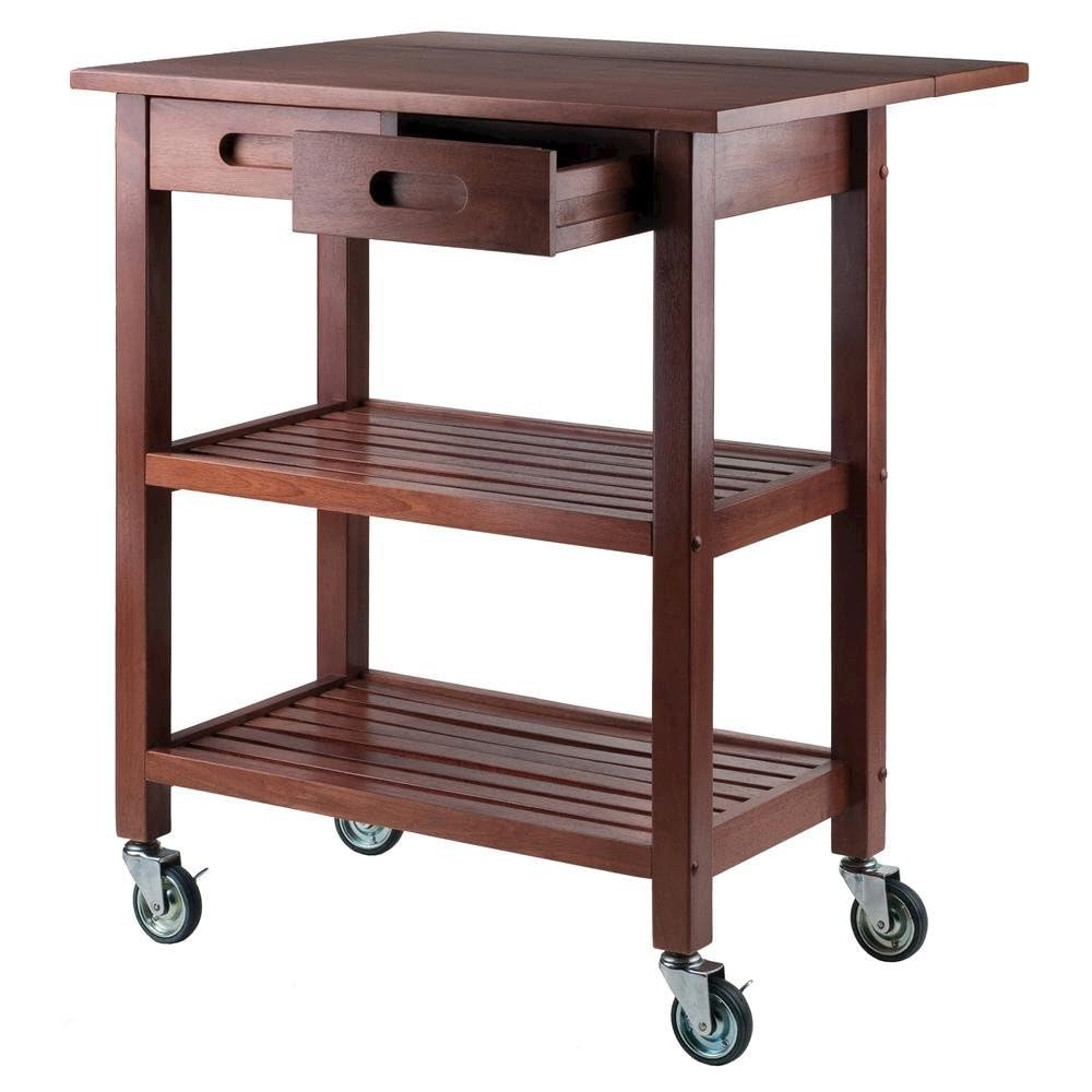 Furnifact Kitchen Cart, Drop Leaf Extension, Slatted Shelf, 2 Locking Casters, Solid Composite Wood, Brown