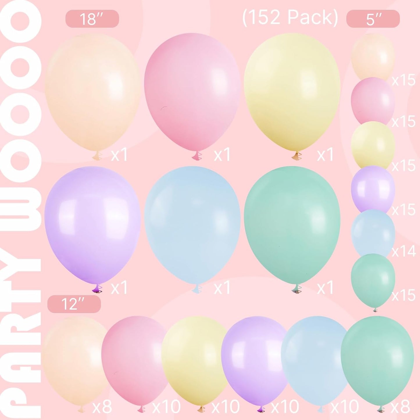 PartyWoo Pastel Balloon Arch Kit - 152pcs in Light Baby Pink, Blue, Green, Purple & Yellow for Celebrations