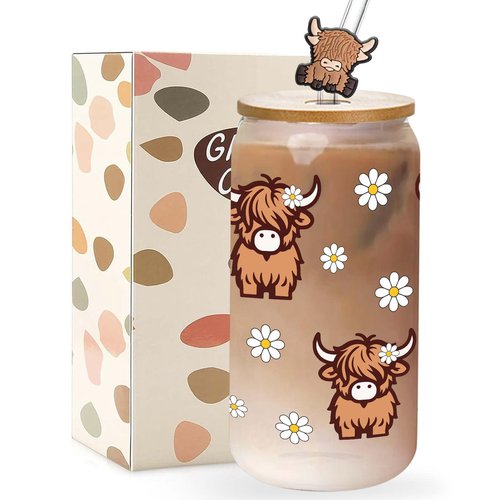 Highland Cows Gifts for Women Highland Cow Lovers Decor Print Stuff Coffee Cup with Cow Straw - Cute Coffee Cups/Tumbler Christmas Birthday Gifts for Women Girls, Glass Cup with Lid and Straw 16oz