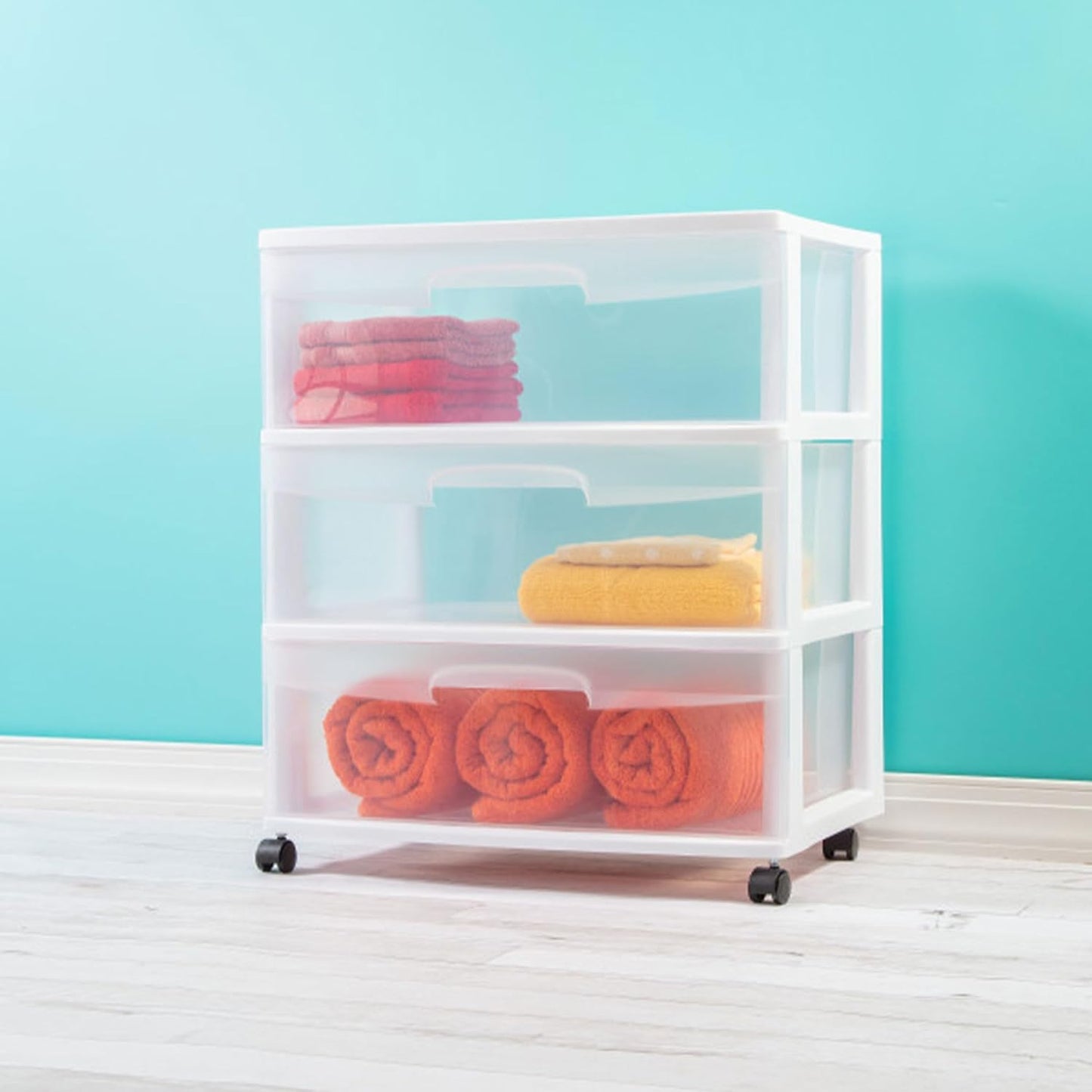 Sterilite Wide 3 Drawer Storage Cart - Rolling Plastic Organizer with Wheels | White & Clear Drawers