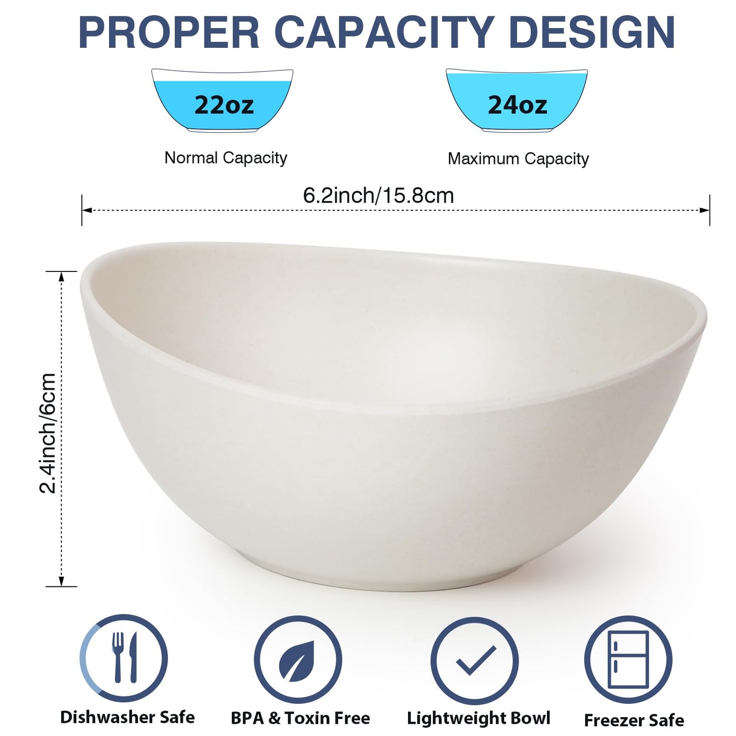 6.2'' Bamboo Fiber Cereal Bows Set of 6, Soup Bowls 24 Oz for Serving Salad, Snack, Side Dishes, Modern Oval Lightweight Bowls for Breakfast, Lunch and Dinner, Dishwasher and Freezer Safe(Matte White)