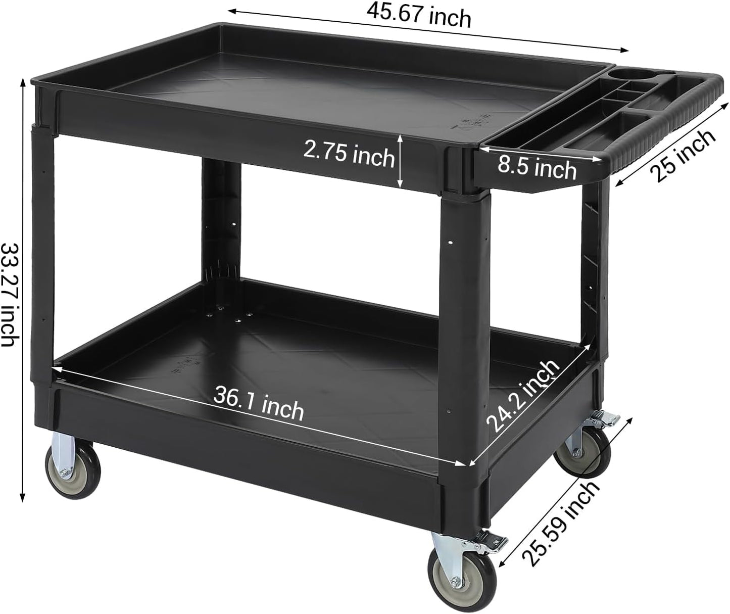 GarveeHome Service Cart 500-Lb Utility Service PP Rolling Cart with Two Trays and Brake Wheel for Warehouse/Garage/Cleaning/Manufacturing，45" 25" Black