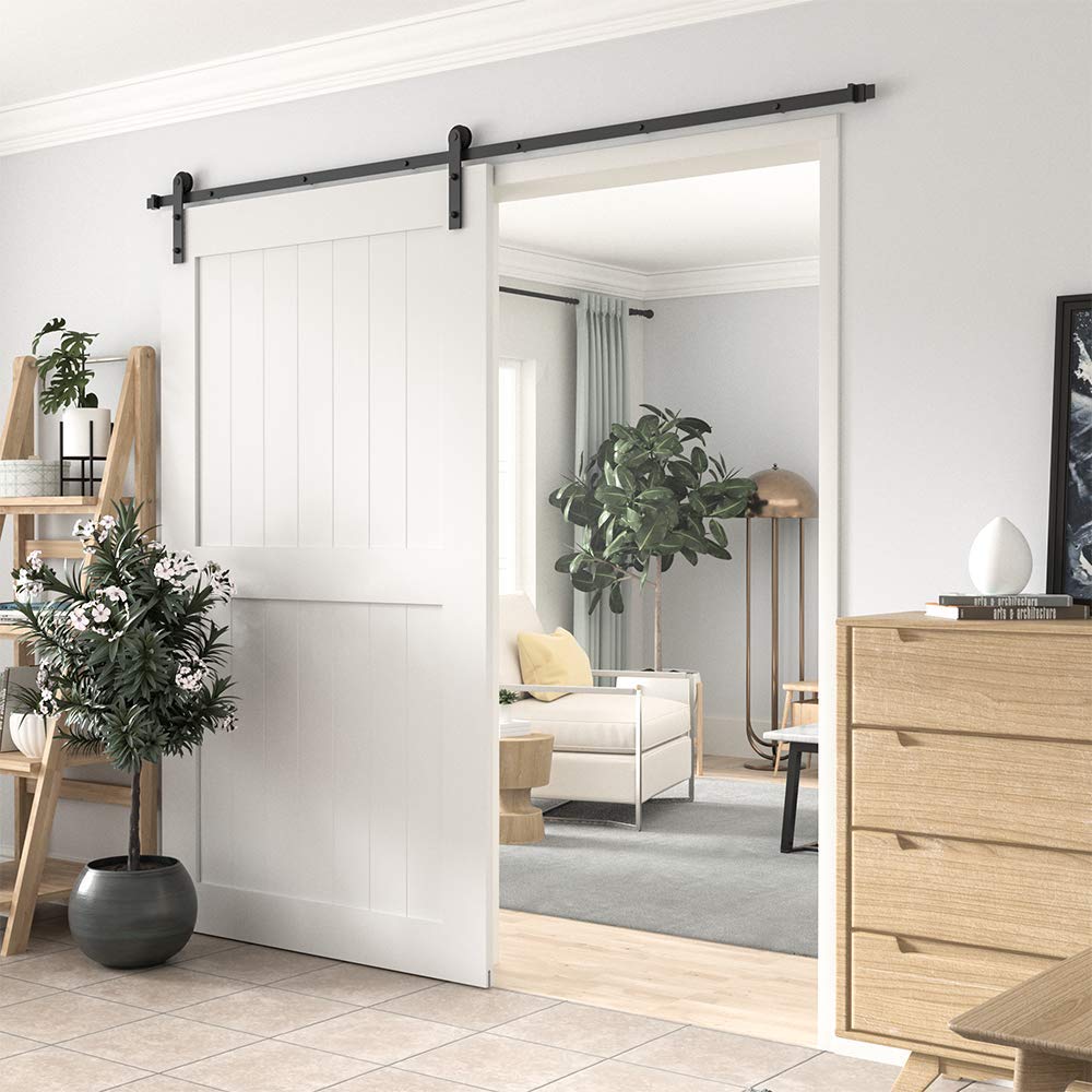 WINSOON 8FT Barn Door Hardware Kit: Single Sliding Door Hardware - Heavy Duty Black Barn Doors Track Kit - Carbon Steel Sliding Barn Doors Rail - J-Shape Easy to Install for 53" Closet Panel(No Door)