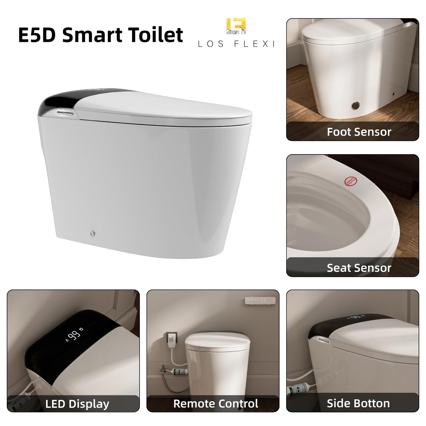 LOS FLEXI E5D Smart Toilet with Bidet, Built-In Water Tank, Battery Backup Flush, Foot Kick Flush, Instant Warm Water, Heated Seat, Warm Air Dryer, Night Light, Side Panel Control & Remote, ETL Plug