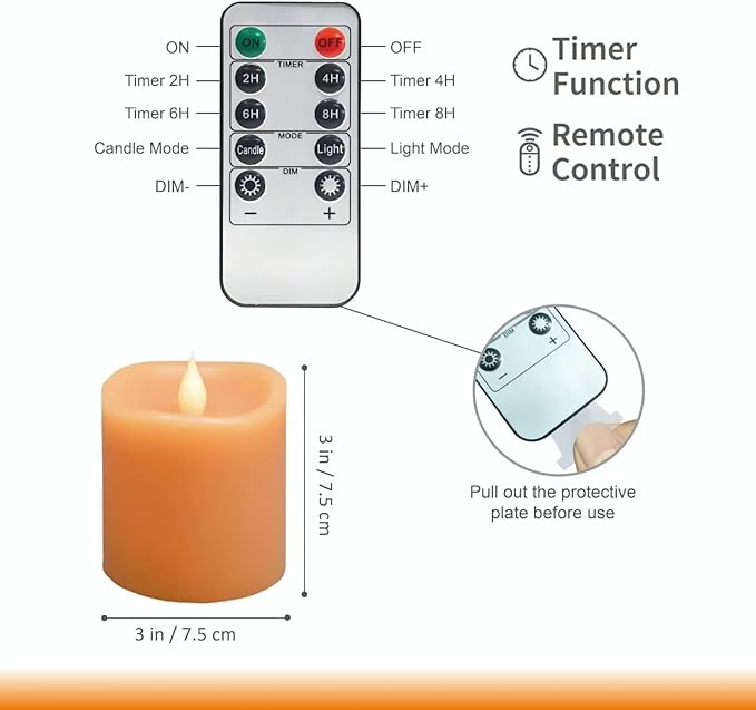 Fall Flameless LED Candles 3 inch Diameter Real Wax 2AA Battery Operated 600hr+ Flickering Candles with Timer Remote Control for Halloween Thanksgiving Christmas Indoor (Orange, 3″×3″- 2 PCS)