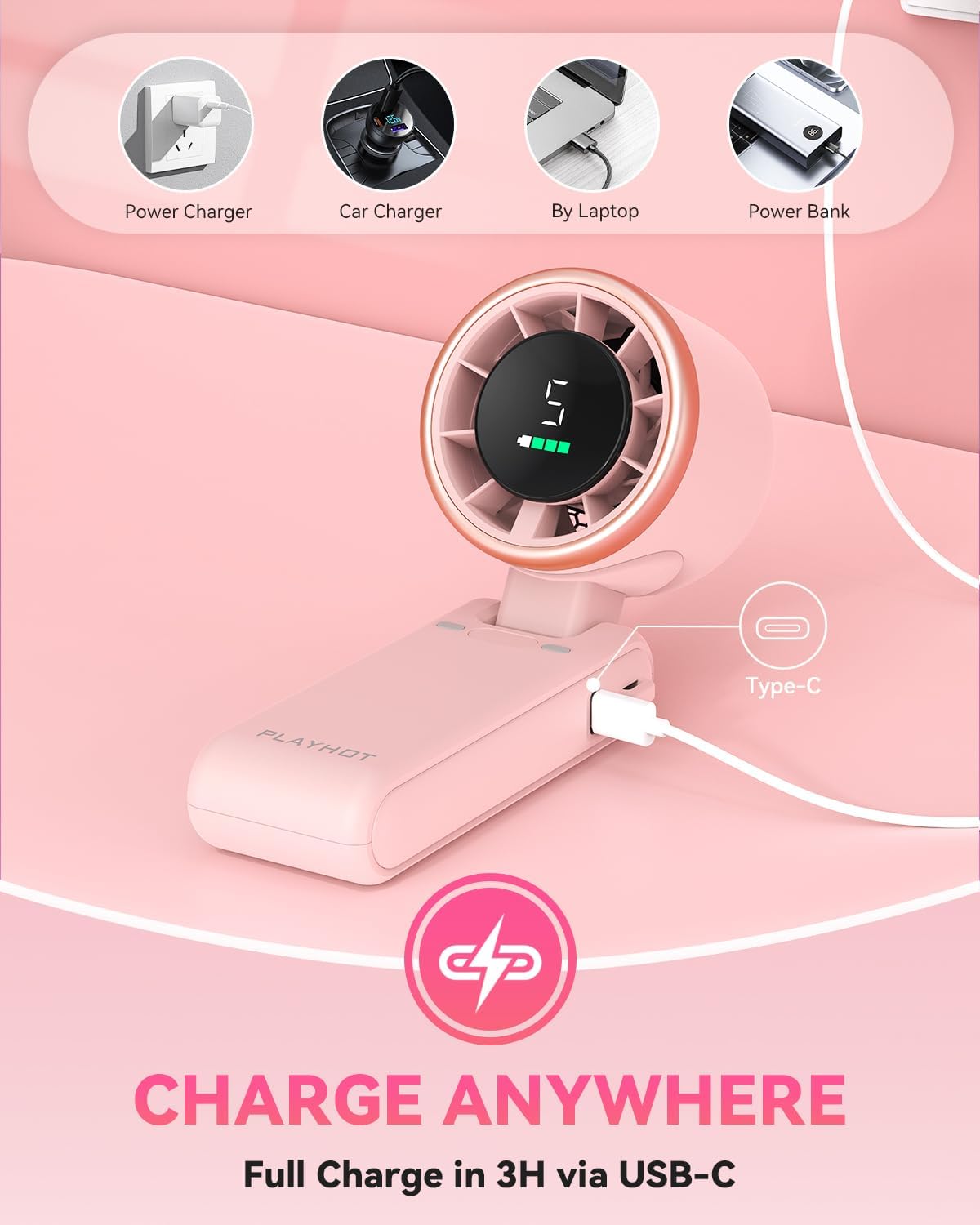 PlayHot Portable Handheld Turbo Fan - 5-Speed Rechargeable Personal Fan | 5000mAh Battery, 12-Hour Use, Lightweight 0.6lb, 3-in-1 Design (Pink)