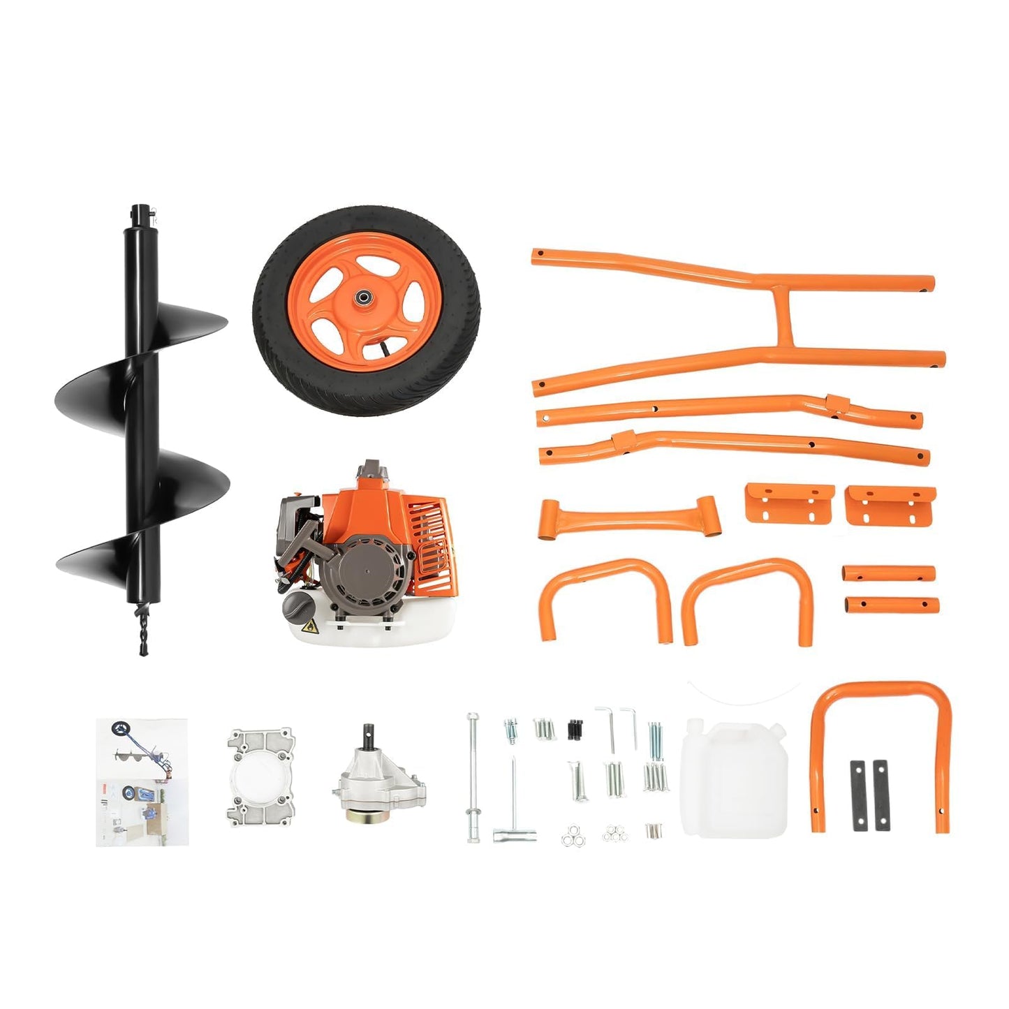 63CC 2 Stroke Post Hole Digger 3HP Gas Powered Earth Auger Borer Ground Drill Gasoline Earth Auger Wheelbarrow with 11" Bit, for Fence Ground Drill Garden Tree Planting (Orange)-[Arrives in two boxes]