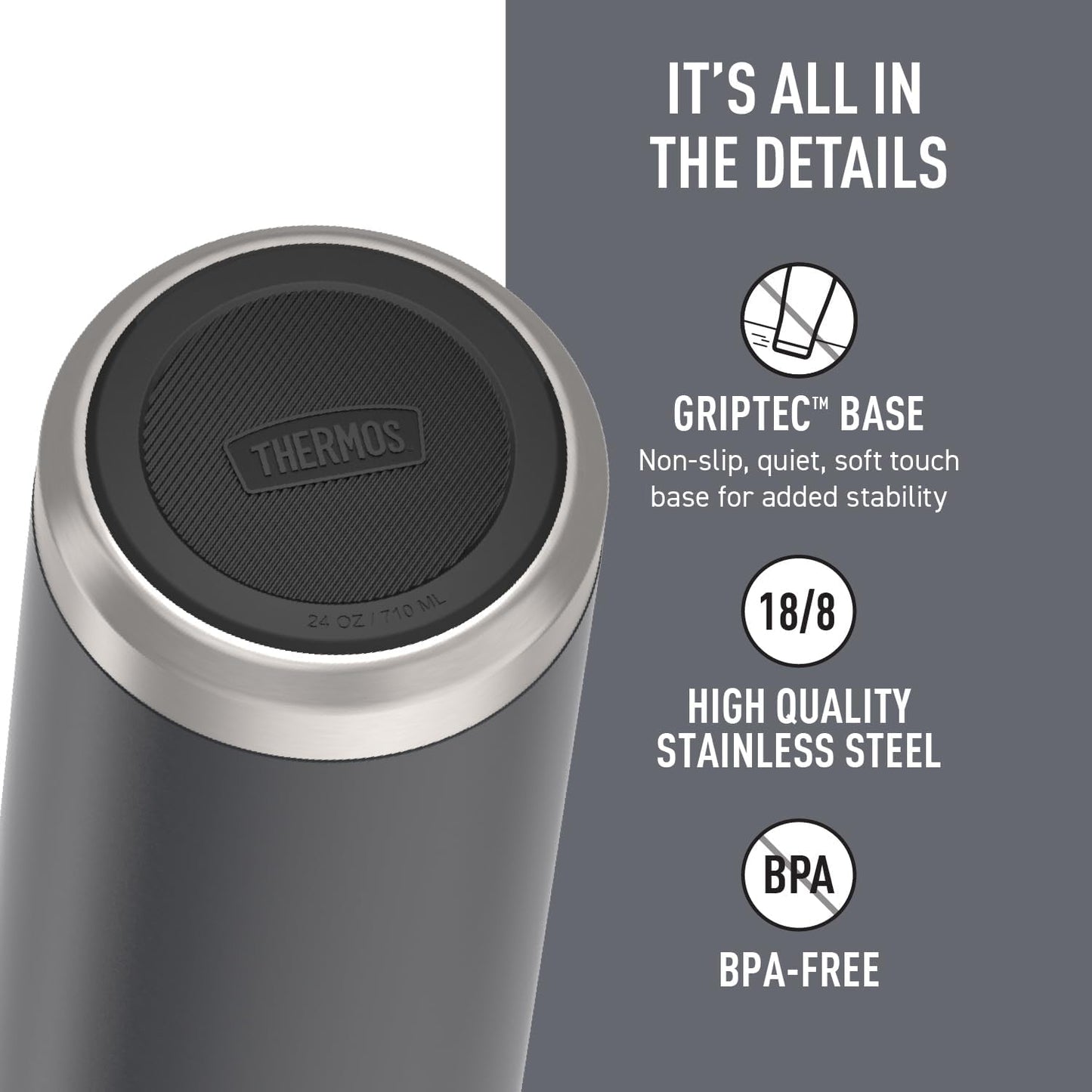 THERMOS ICON SERIES Stainless Steel Water Bottle - 24 Ounce, Granite | Vacuum Insulated with Spout Lid