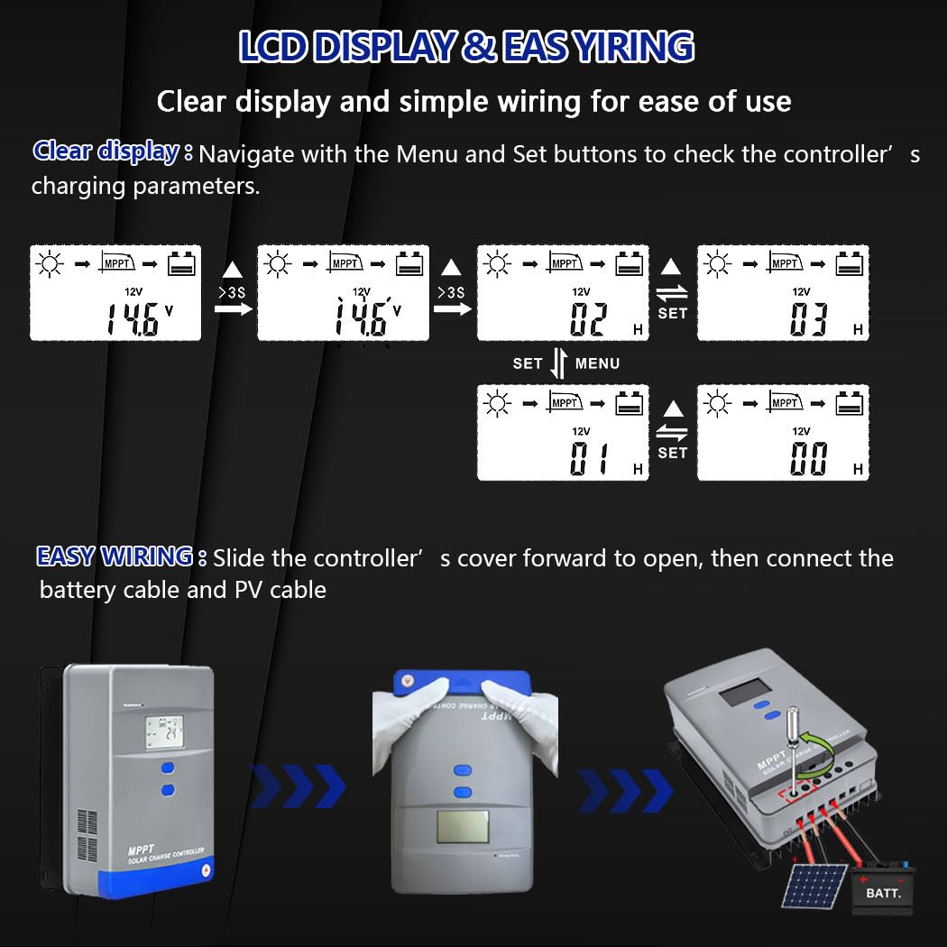100A MPPT Solar Charge Controller 12V/24V/36V/48V Auto Battery Regulator LCD Display,MAX PV Panel Input 5200W for AGM, Gel, Flooded and Lithium Battery Charging, High-Efficiency Energy Conversion
