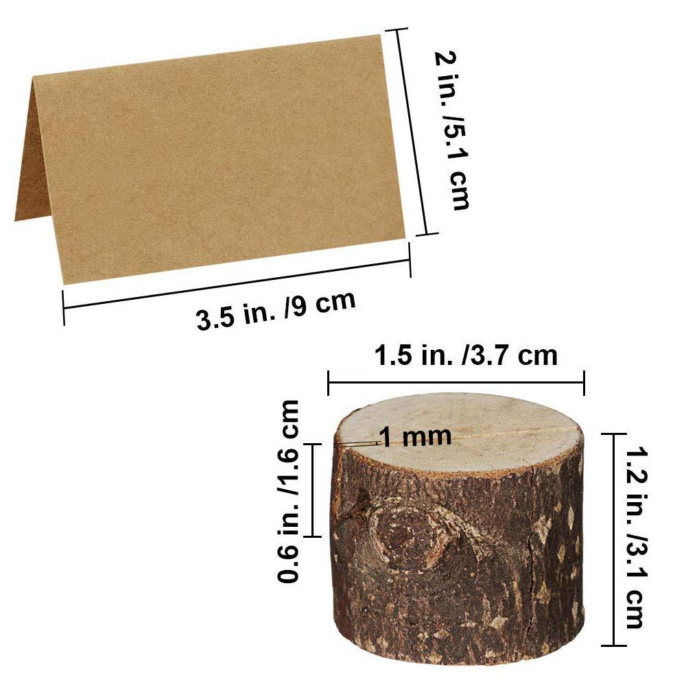 whatUneed 20 Pack Place Card Holders, Rustic Real Wood with Wooden Bark Table Card Holder, Number Photo Stand Place Name Memo Card Holder for Wedding Party (20 Holders+20 Kraft Place)