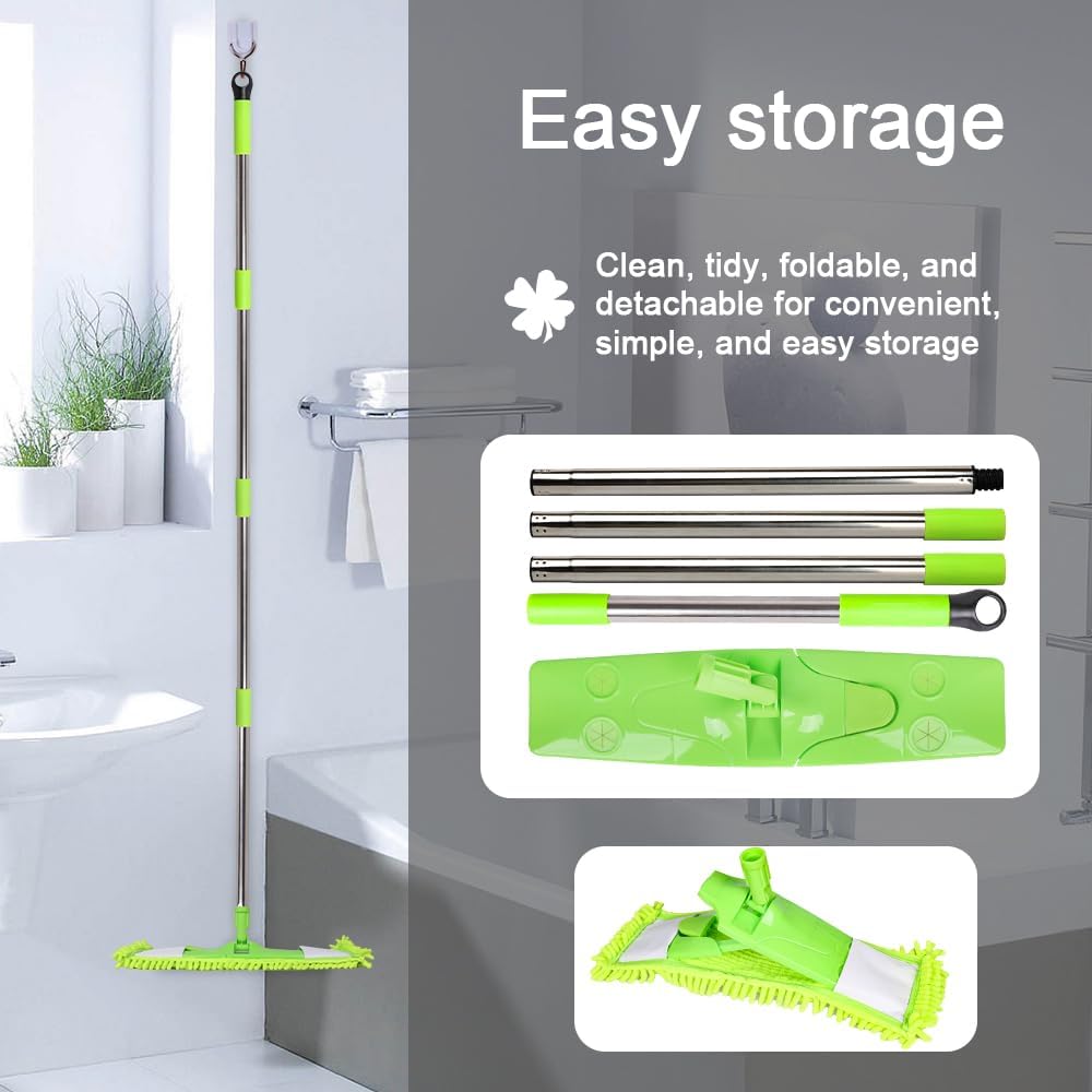 Dust Mop for Floor Cleaning with 2 Washable Chenille Pads and Extendable 58” Long Handle, Dry Wet Flat Mop with Scouring Pad for Hardwood, Laminate, Tile, Marble (Green)