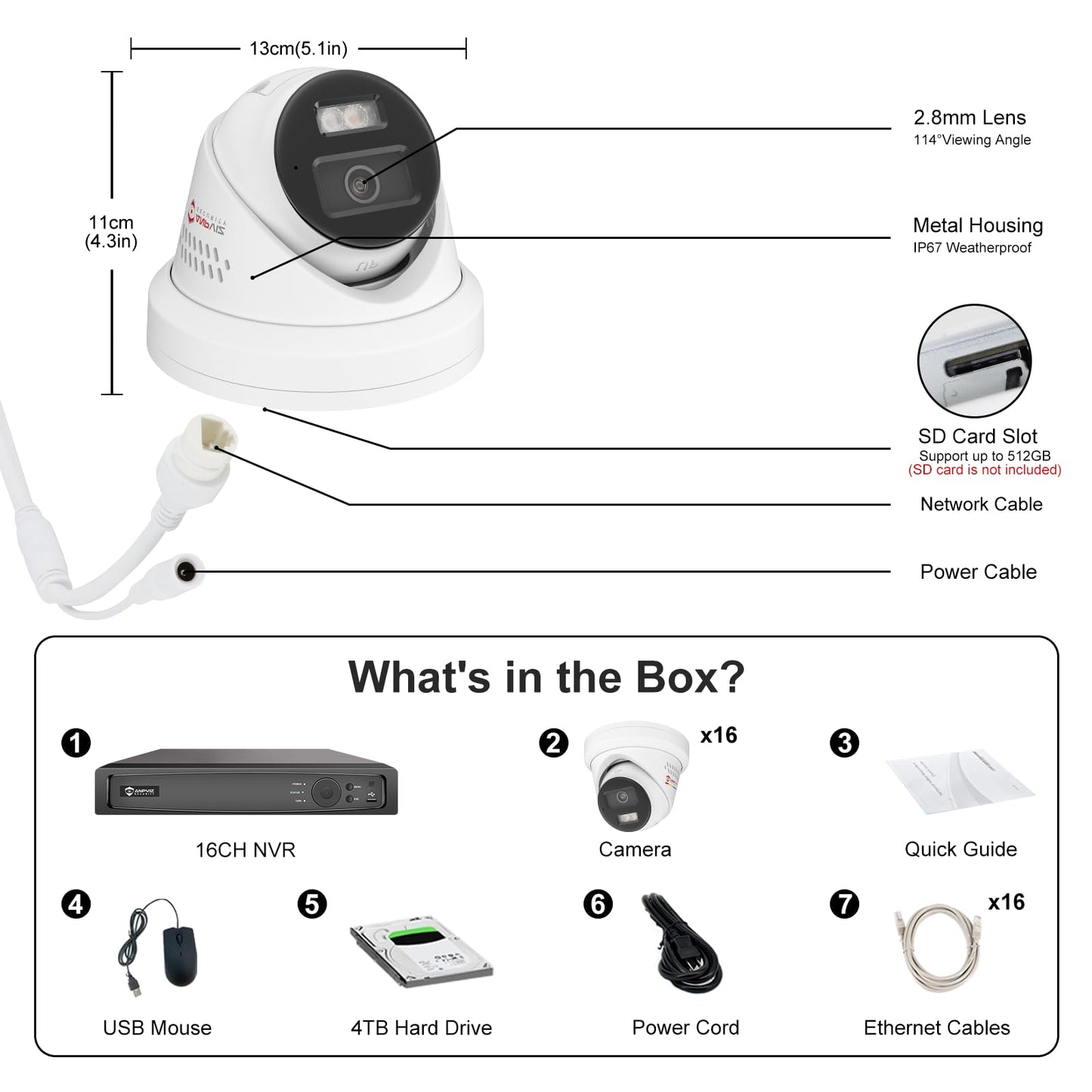 【Active Deterrent & 2-Way Audio】Anpviz 16CH PoE Security Camera System, 16X 5MP Wired IP Turret Cameras Outdoor Metal, 12MP NVR with 4TB HDD, Human/Vehicle Detection, Plug&Play for Business (H Series)