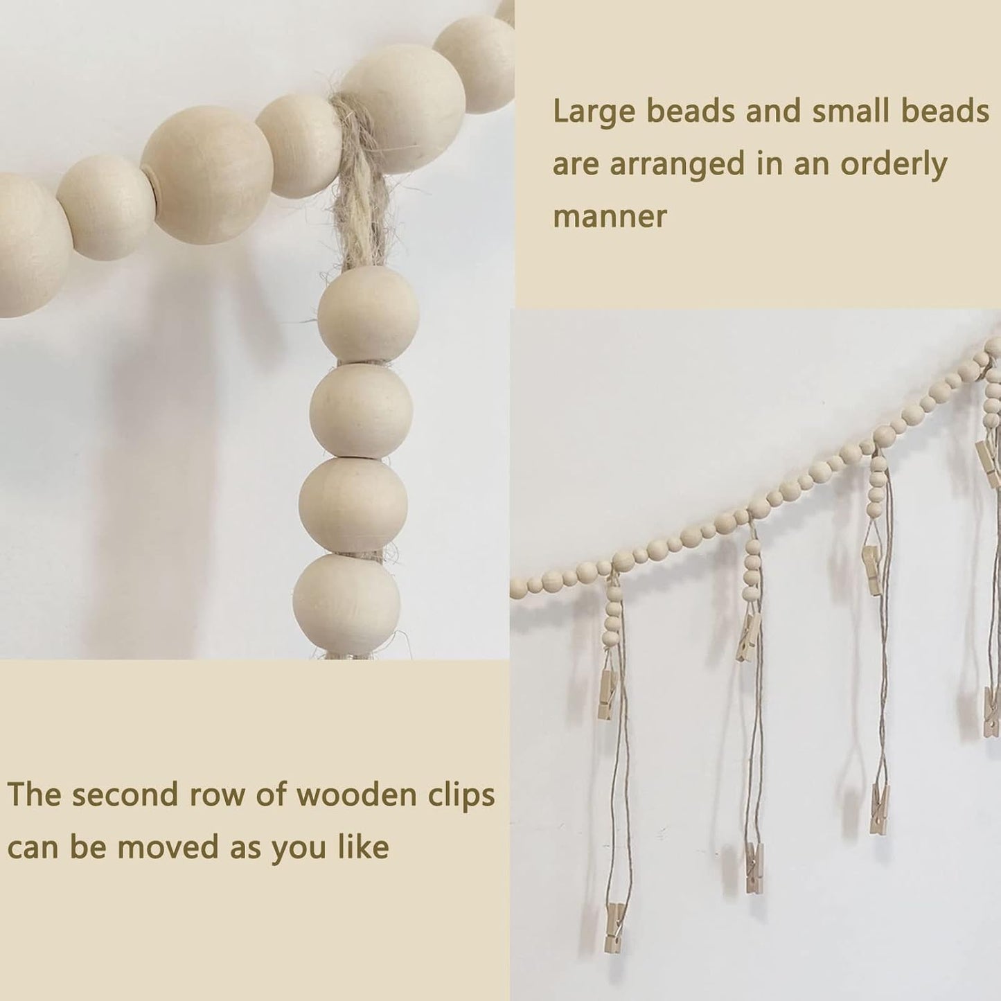Wooden Bead Garland Photo Display by [Brand Name] - Boho Style Hanging Collage with 22 Clips for Dorms & Bedrooms