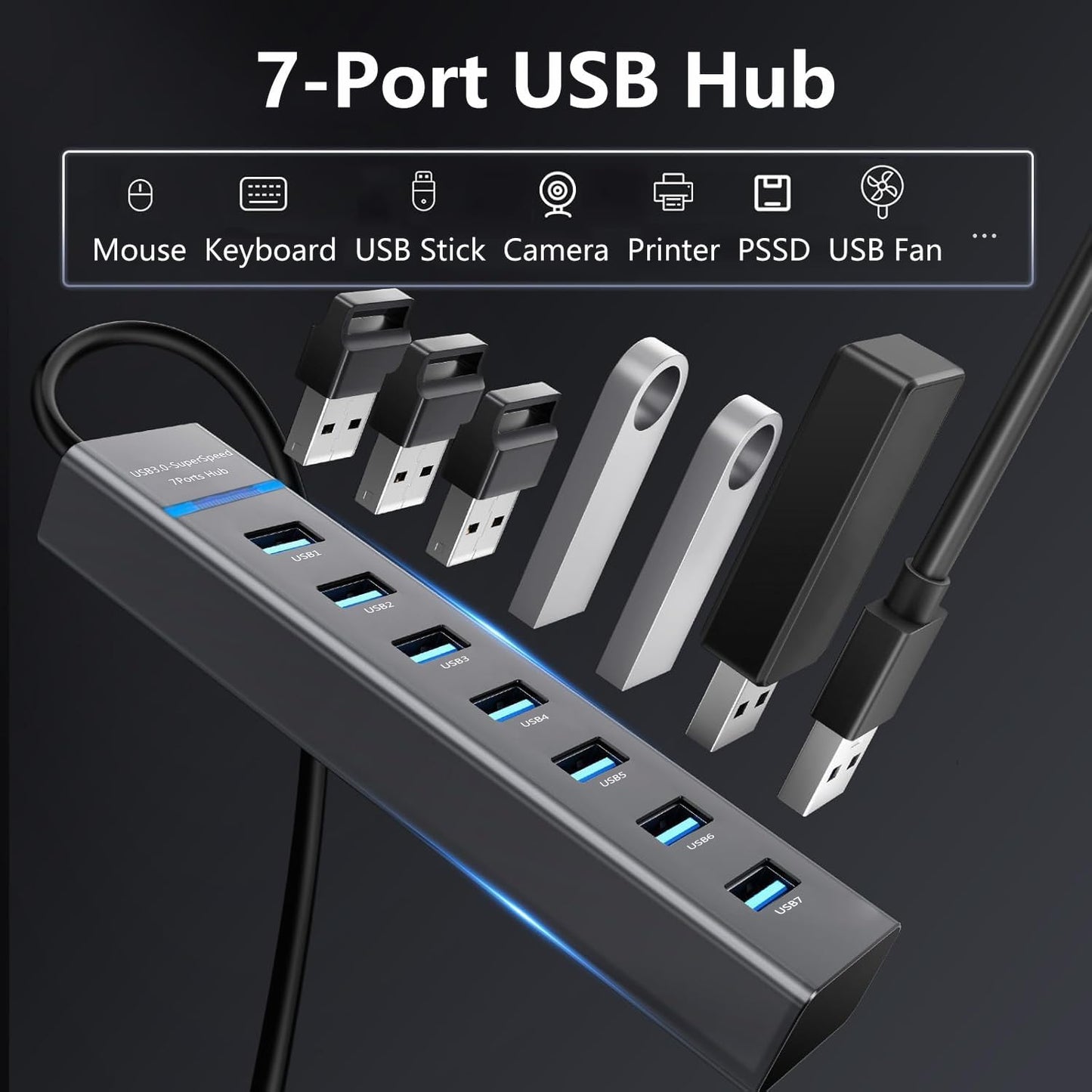 Siawclub USB3.0 7-Port Upgraded Hub, USB Extender Splitter, Multi Device Docking Station Compatible with MacBook