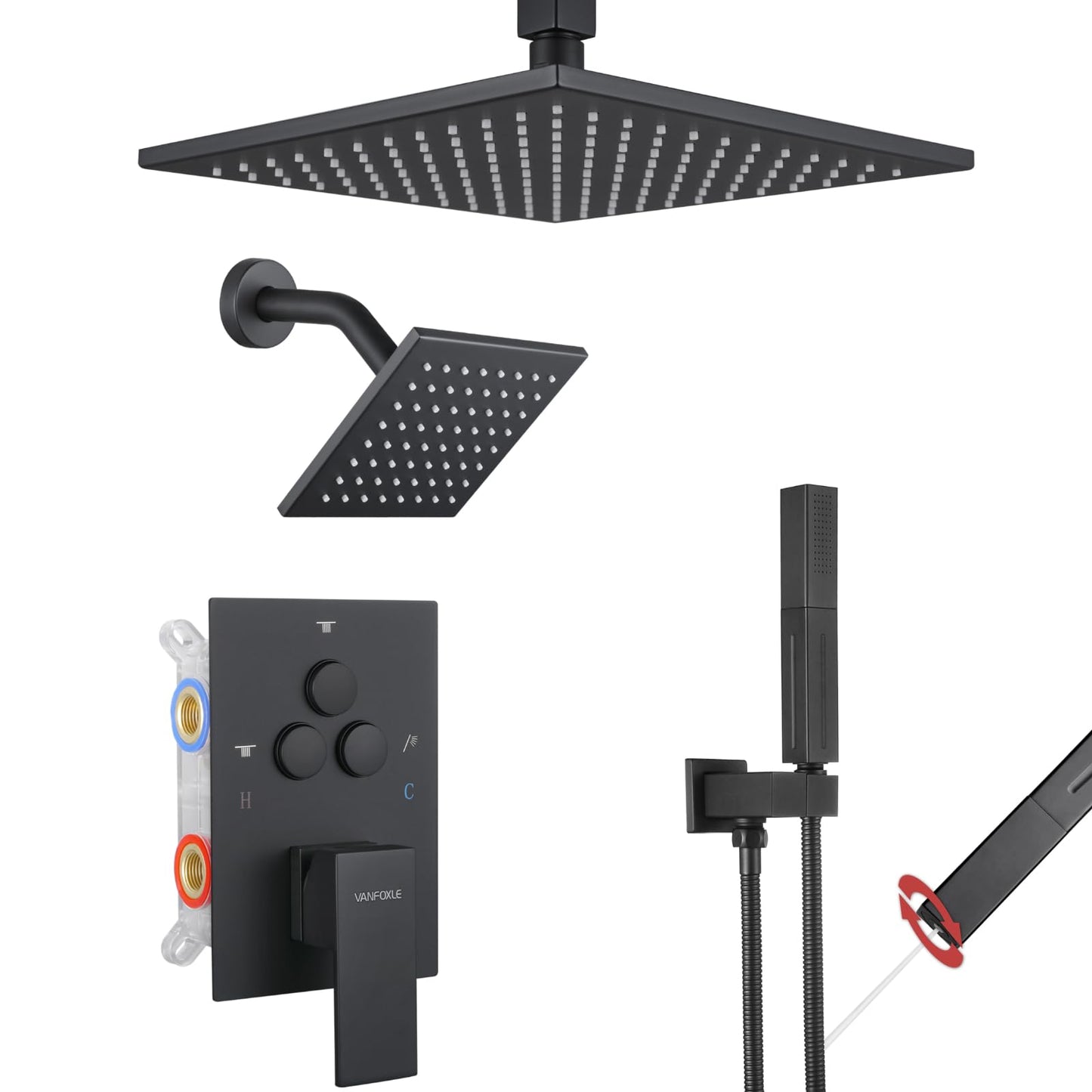 VANFOXLE Shower Faucet Set Matte Black Shower System, Push Button Diverter Shower Faucet with Trim Kit, Ceiling Mount 10 Inch Shower Head Increased Thick, 6 Inch Side Shower Head, 2-in-1 Handheld