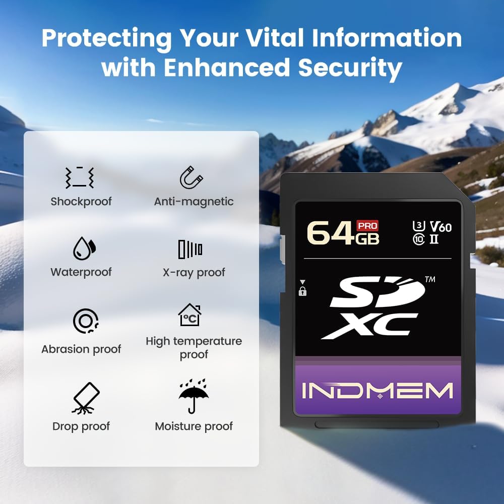 elecacc 64GB V60 U3 280MB/s, V60 4K/6K SD Card UHS-II SDXC Memory Card, High Speed Read up to Memory Cards