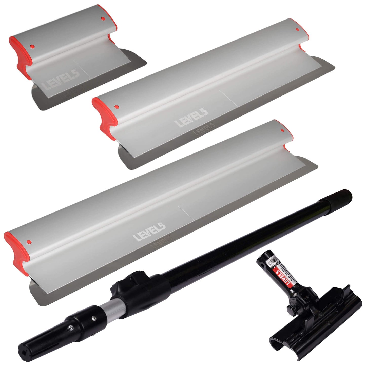LEVEL5 Drywall Skimming Blade Set | 10, 24 & 32 Inch Skimming Blades, 37-63 Inch Extension Handle | Aluminum Body & Stainless Steel Blade | For Smoothing Walls and Ceilings | 5-441