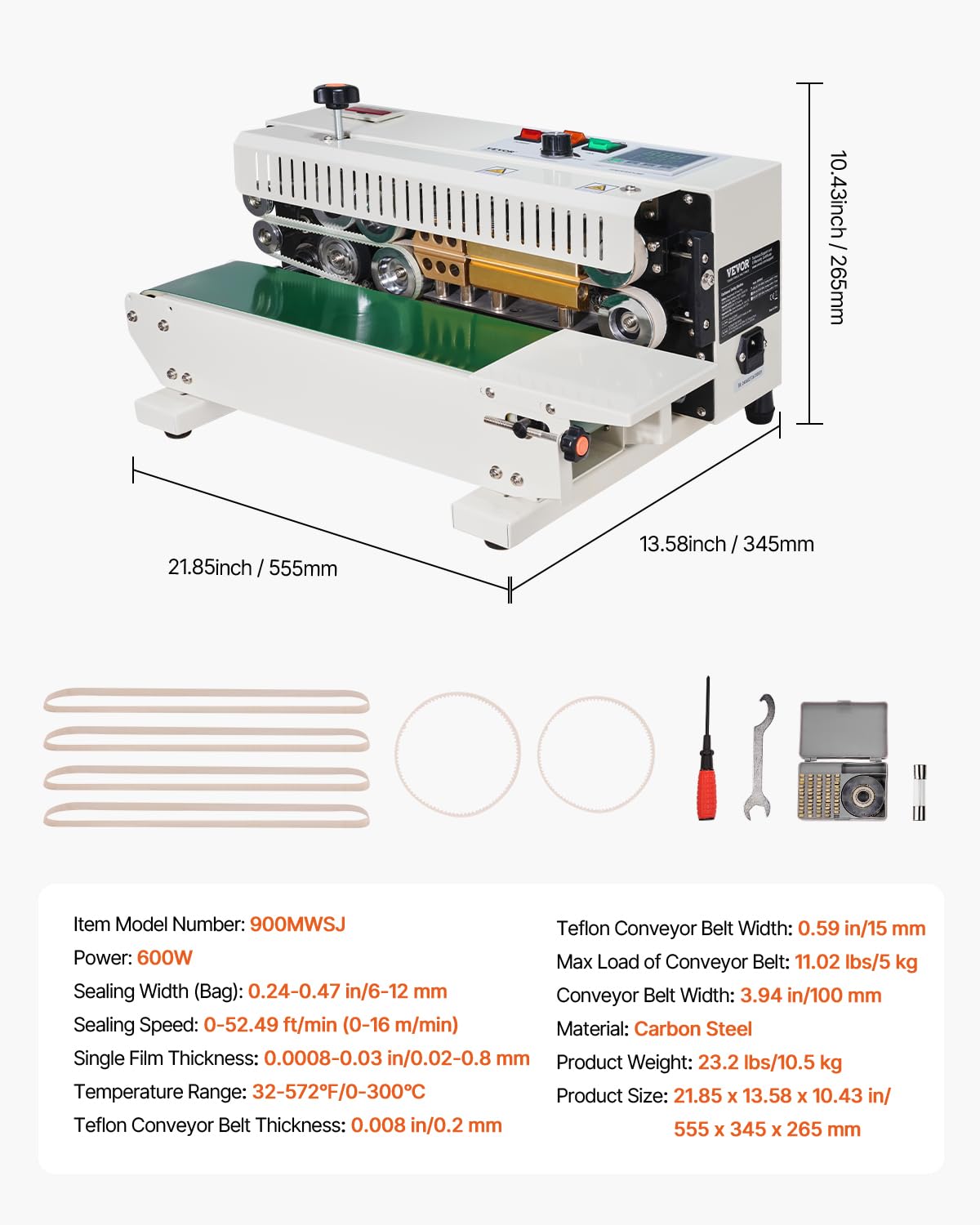 VEVOR Continuous Bag Band Sealing Machine, 0.24-0.47 in/6-12 mm Seal Width, Horizontal Band Sealer Machine with Digital Temperature Control, Bag Sealer for 0.02-0.8 mm Plastic Bags with Count Function