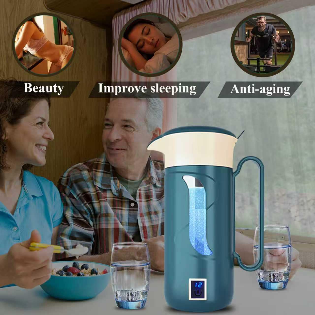 GOSOIT Hydrogen Water Bottle Hydrogen Alkaline Water Generator Ionizer Hydrogen Water Maker Machine with SPE and PEM Technology (Blue Black)